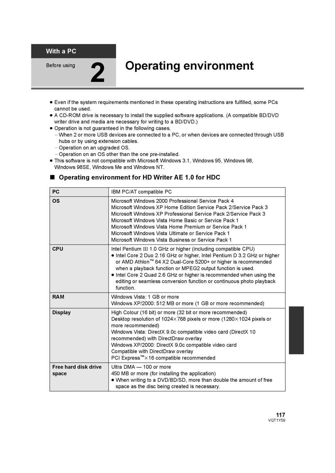 Panasonic HDC-HS200, HDC-TM200 operating instructions Operating environment for HD Writer AE 1.0 for HDC, 117, Cpu, Ram 