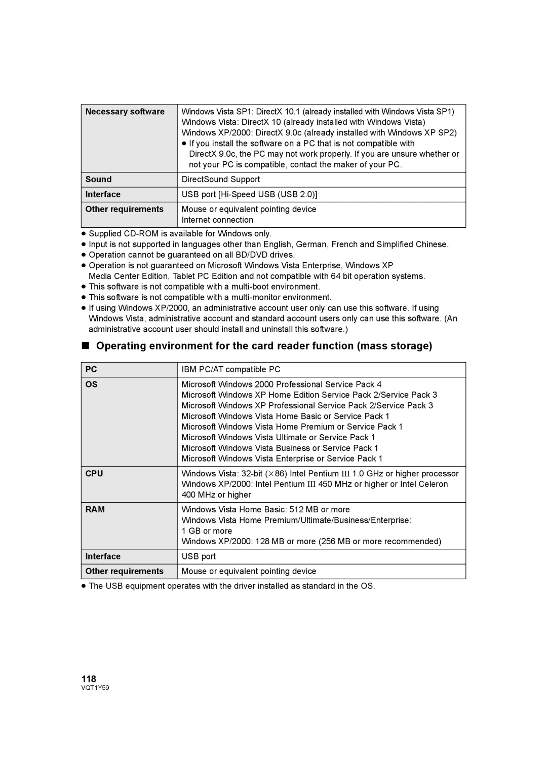 Panasonic HDC-TM200, HDC-HS200 operating instructions 118, Necessary software, Sound, Interface, Other requirements 