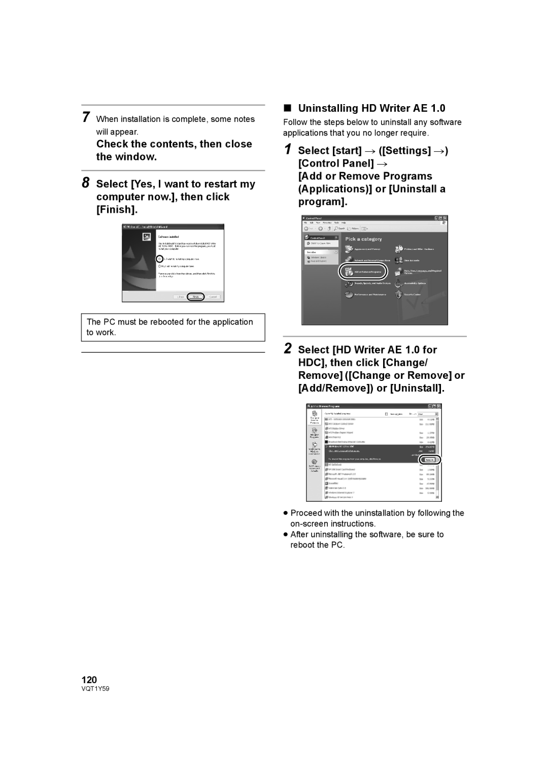 Panasonic HDC-TM200, HDC-HS200 operating instructions Uninstalling HD Writer AE, 120 