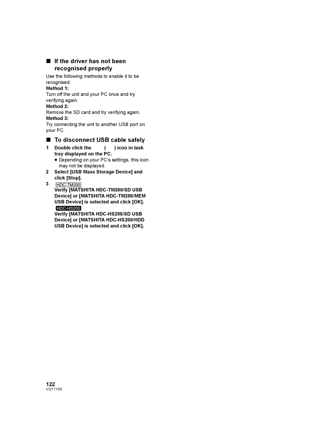 Panasonic HDC-TM200, HDC-HS200 If the driver has not been recognised properly, To disconnect USB cable safely, 122 