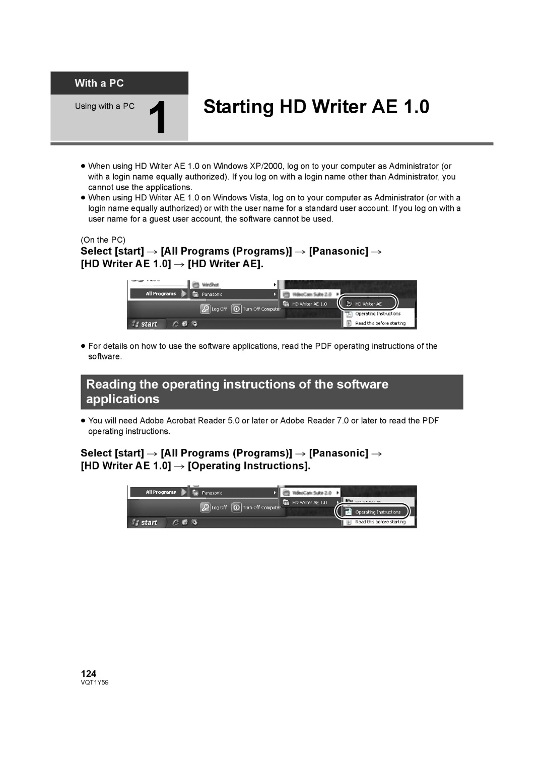 Panasonic HDC-TM200, HDC-HS200 operating instructions Using with a PC 1 Starting HD Writer AE, 124 