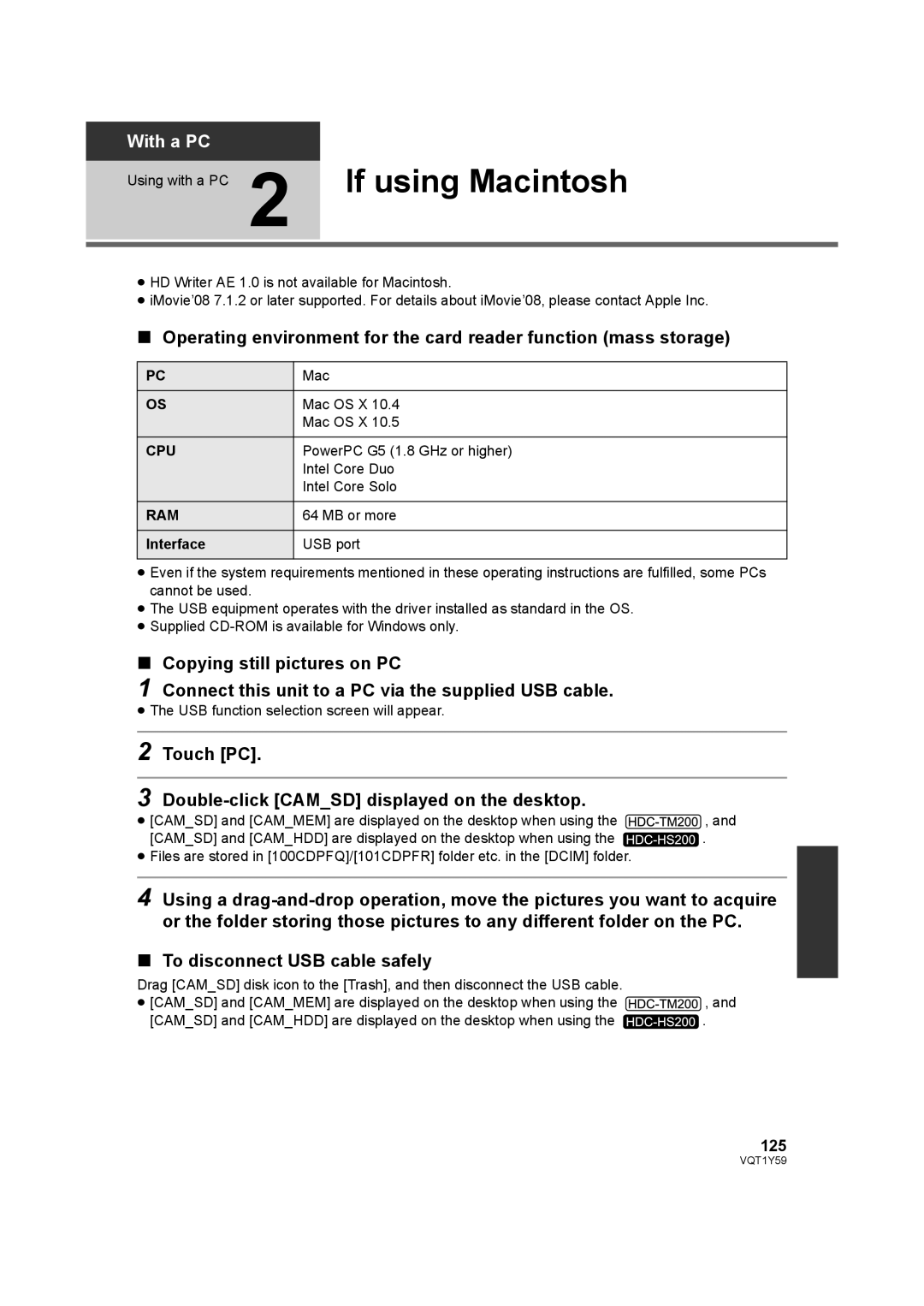 Panasonic HDC-HS200, HDC-TM200 operating instructions Touch PC Double-click Camsd displayed on the desktop, 125 