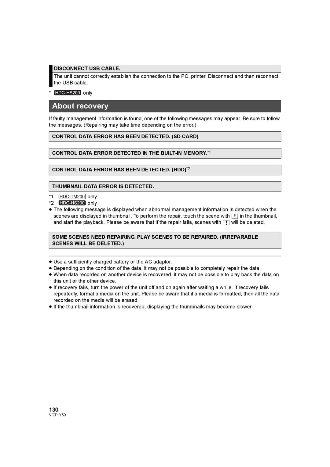 Panasonic HDC-TM200, HDC-HS200 operating instructions About recovery, 130, Disconnect USB Cable 