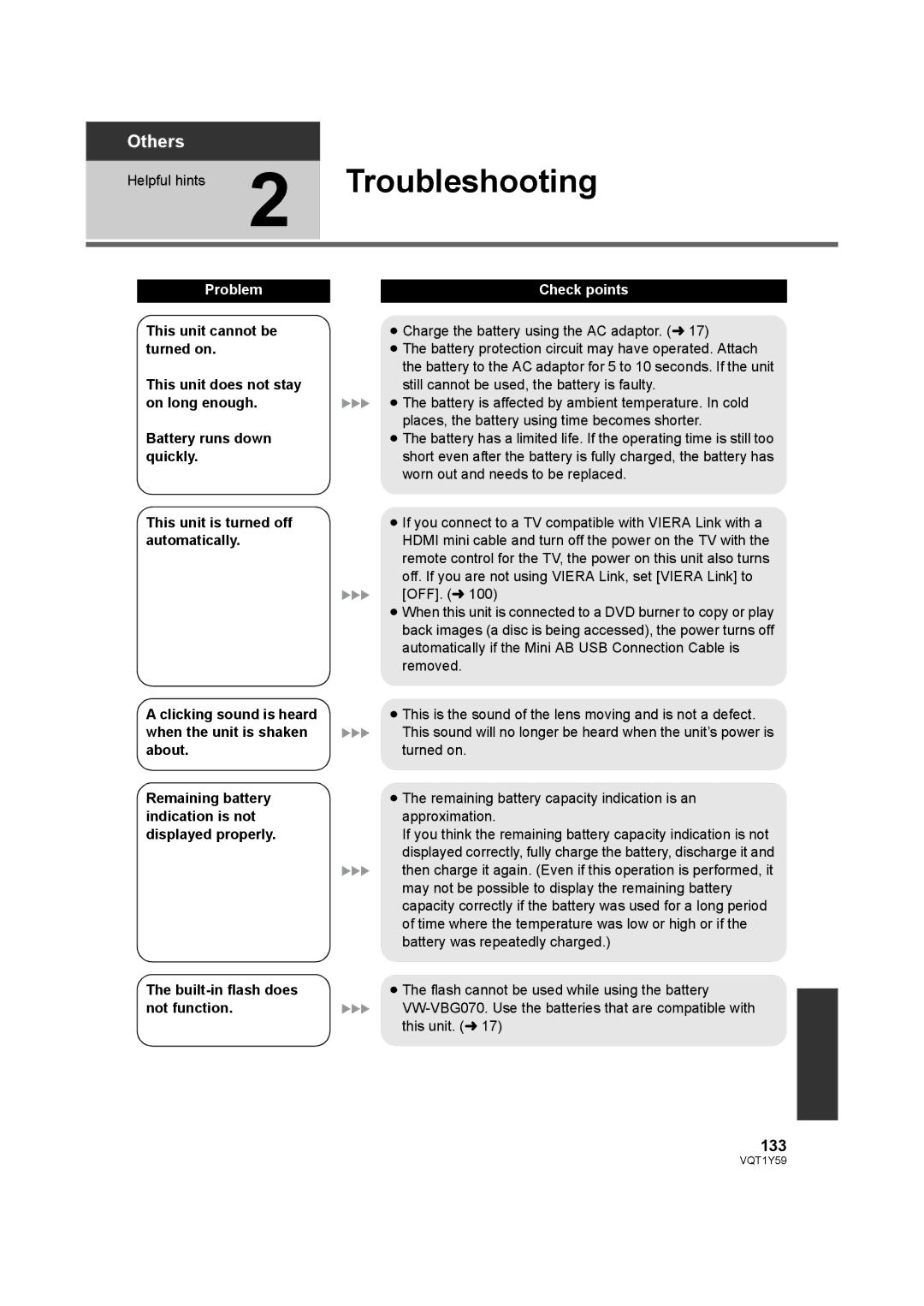 Panasonic HDC-HS200, HDC-TM200 operating instructions 133, Built-in flash does not function 