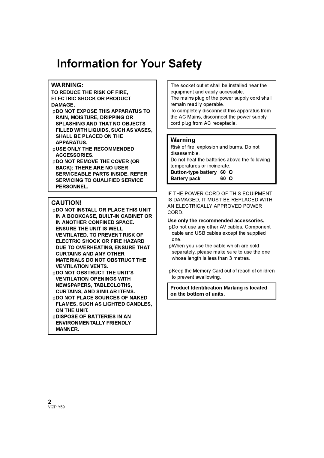 Panasonic HDC-TM200 Information for Your Safety, Button-type battery, Battery pack, Use only the recommended accessories 