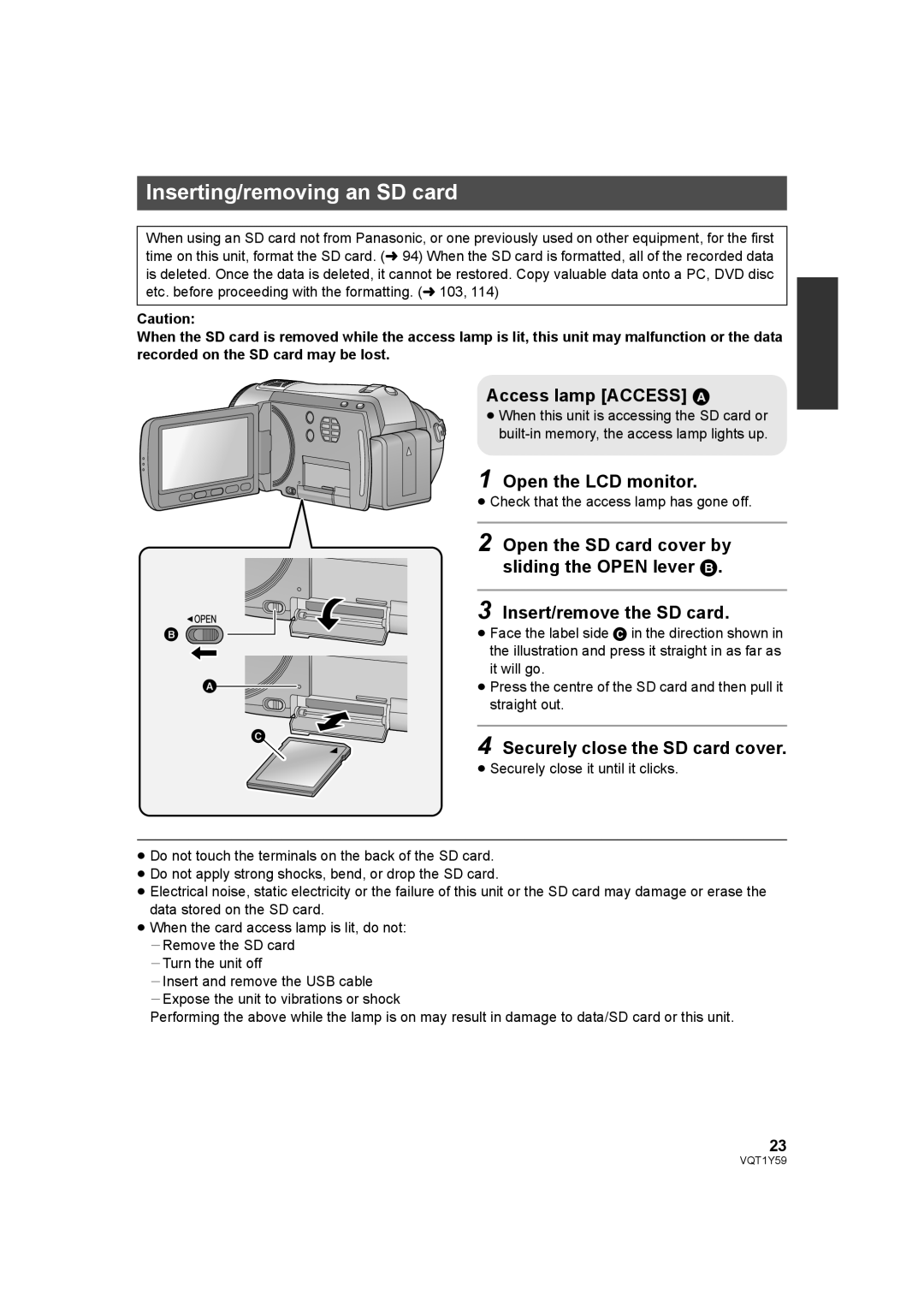 Panasonic HDC-HS200, HDC-TM200 Inserting/removing an SD card, Open the LCD monitor, Securely close the SD card cover 