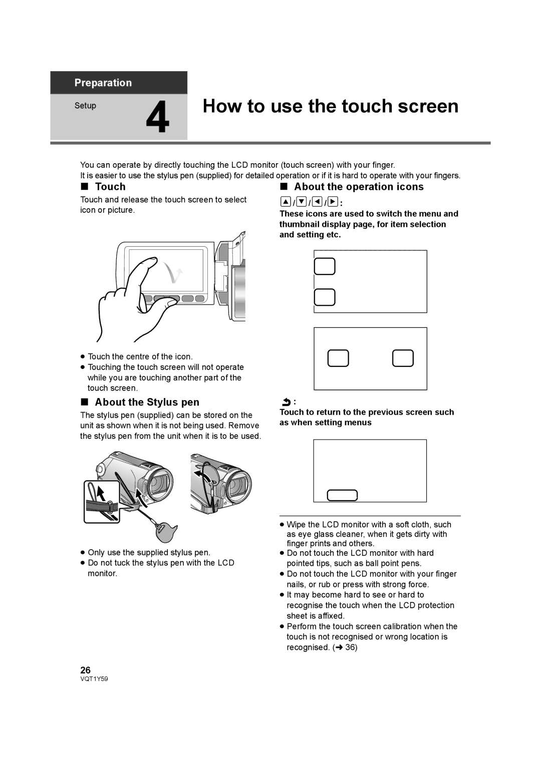 Panasonic HDC-TM200, HDC-HS200 How to use the touch screen, Touch, About the operation icons, About the Stylus pen 