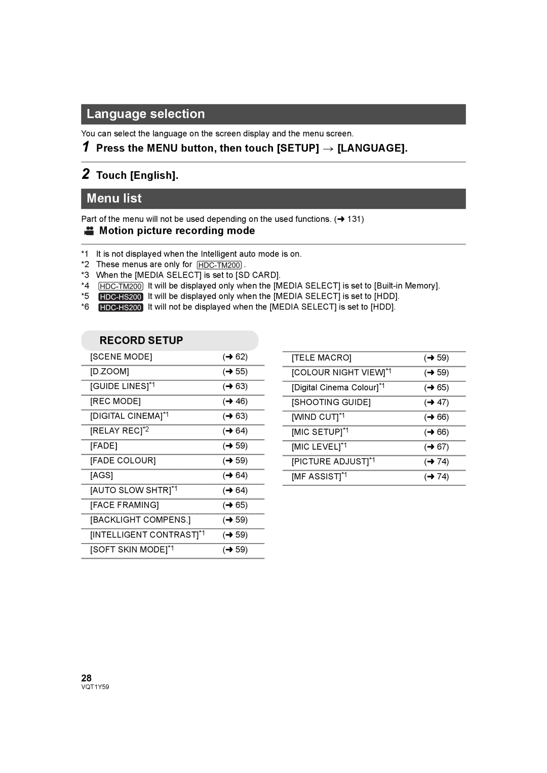 Panasonic HDC-TM200, HDC-HS200 operating instructions Language selection, Menu list, Motion picture recording mode 