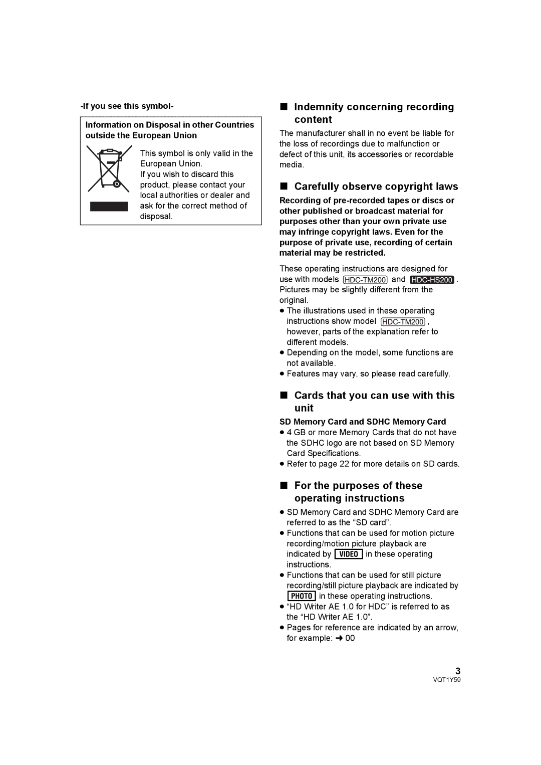 Panasonic HDC-HS200, HDC-TM200 Indemnity concerning recording content, Carefully observe copyright laws 