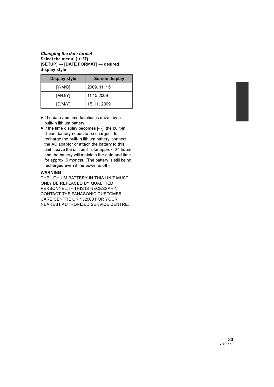 Panasonic HDC-HS200, HDC-TM200 operating instructions Changing the date format 