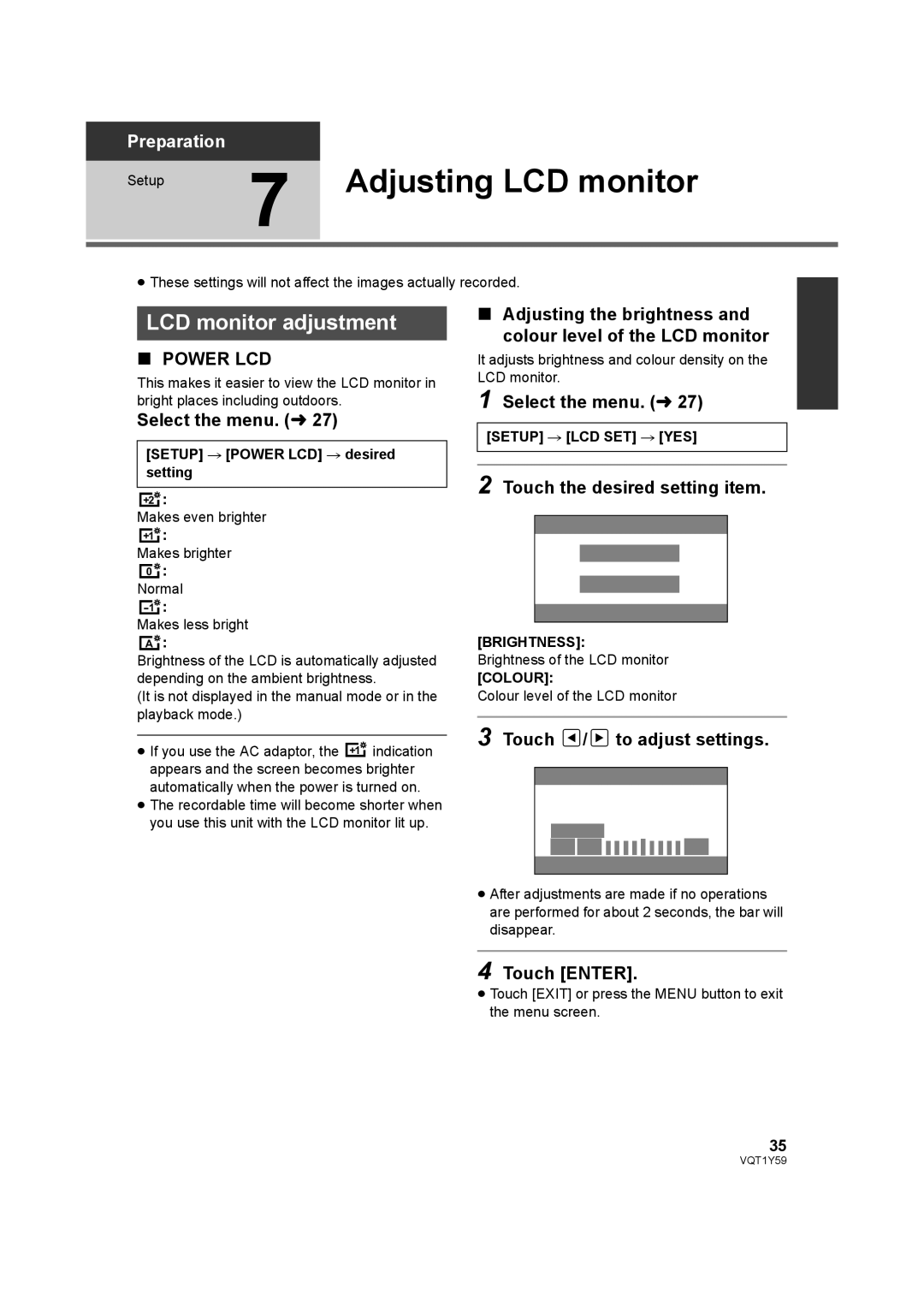 Panasonic HDC-HS200, HDC-TM200 Adjusting LCD monitor, LCD monitor adjustment, Touch the desired setting item 