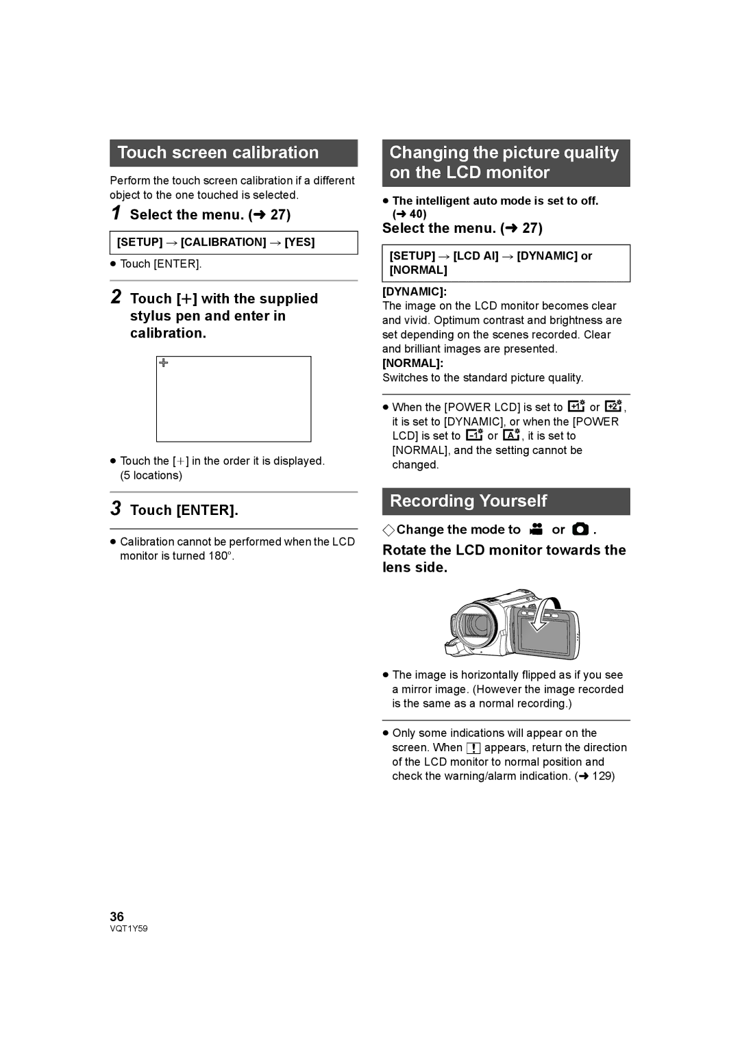 Panasonic HDC-TM200 Touch screen calibration, Changing the picture quality on the LCD monitor, Recording Yourself 