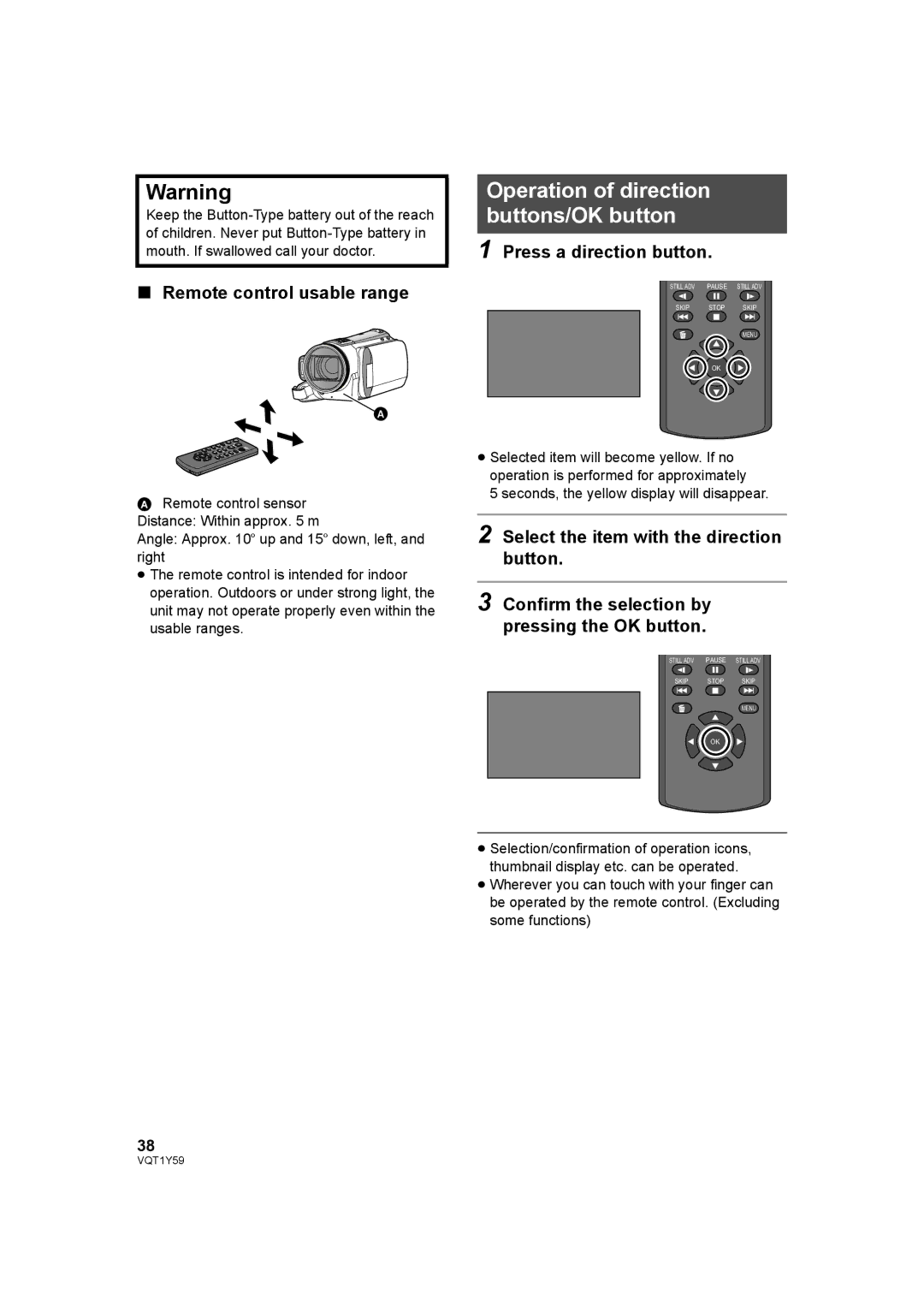 Panasonic HDC-TM200 Operation of direction buttons/OK button, Remote control usable range, Press a direction button 