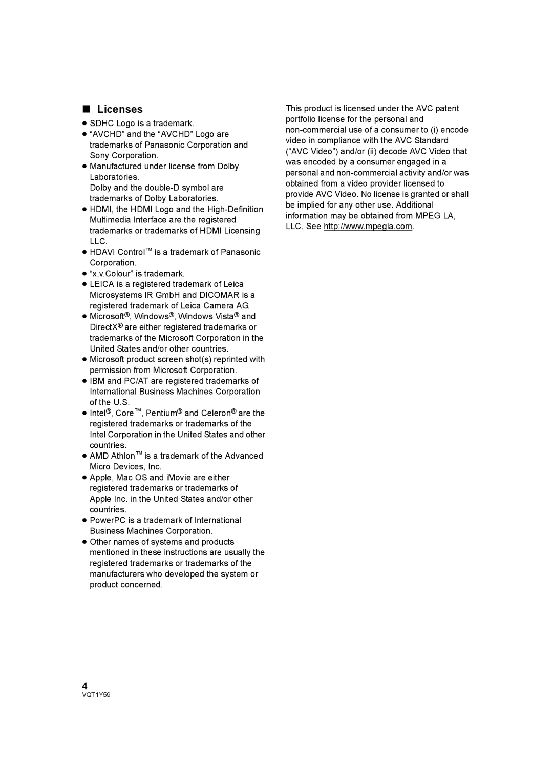 Panasonic HDC-TM200, HDC-HS200 operating instructions Licenses 