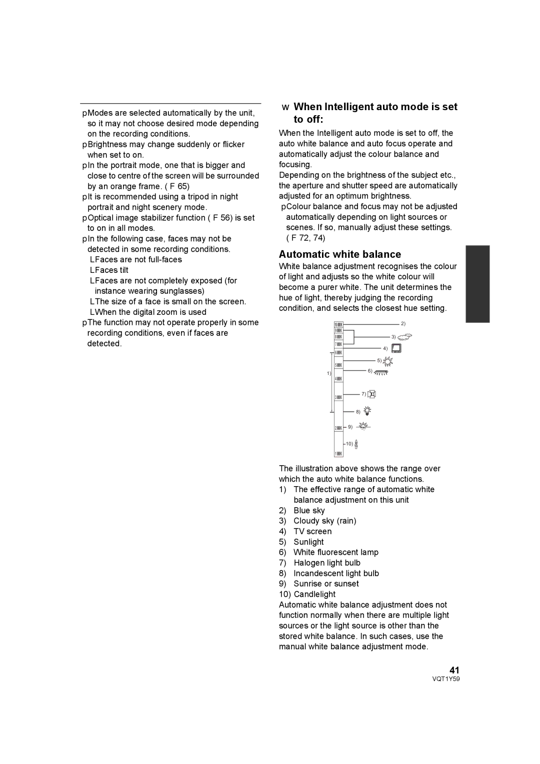 Panasonic HDC-HS200, HDC-TM200 operating instructions When Intelligent auto mode is set to off, Automatic white balance 