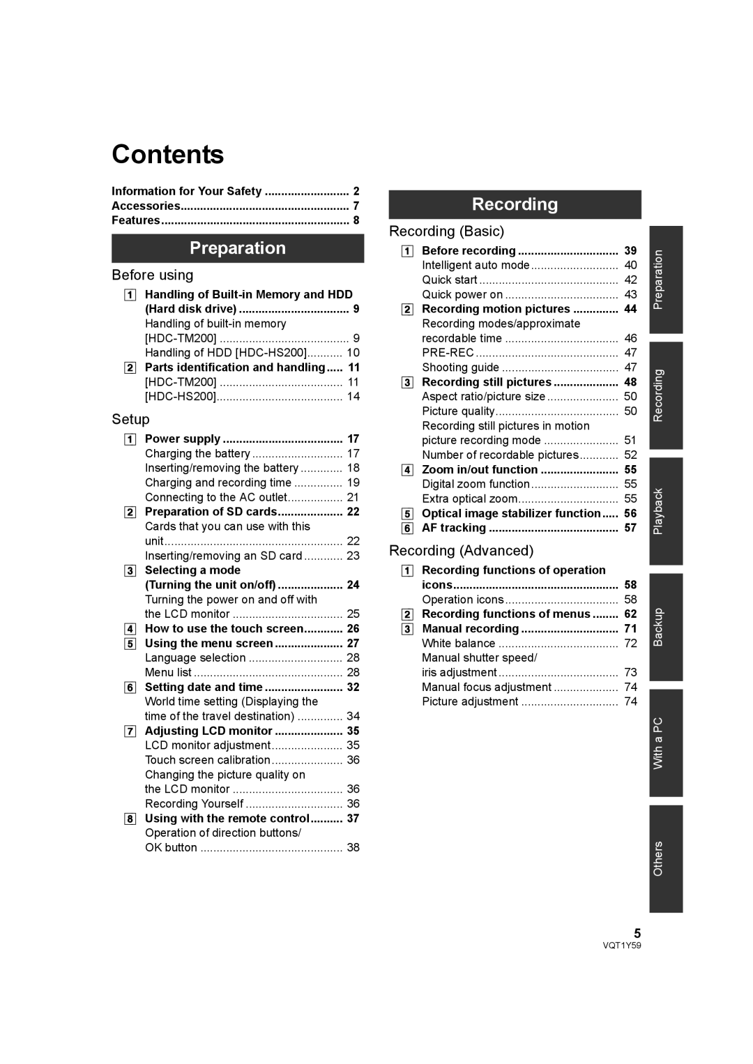 Panasonic HDC-HS200, HDC-TM200 operating instructions Contents 