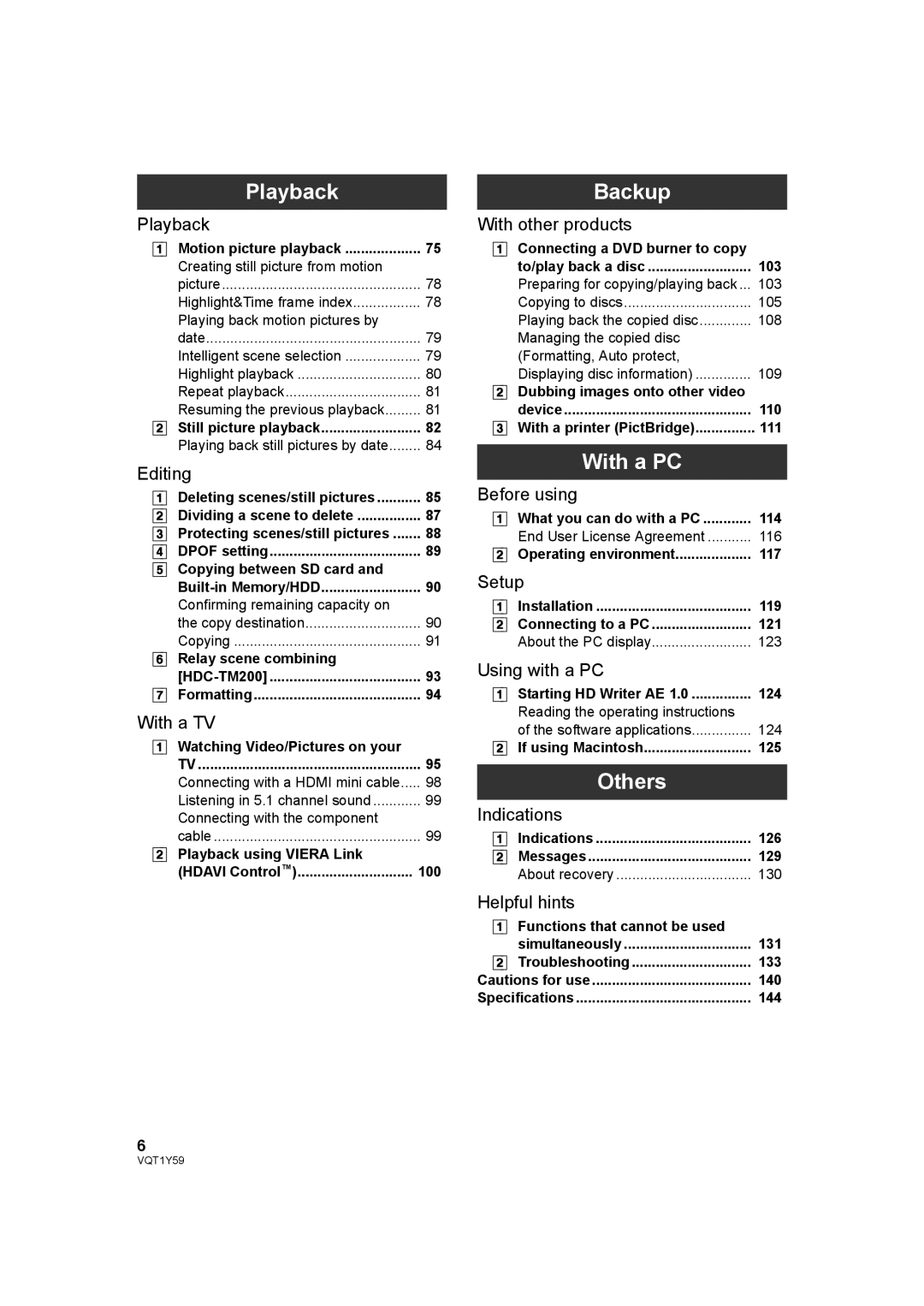 Panasonic HDC-TM200, HDC-HS200 operating instructions Playback, Backup, With a PC, Others 