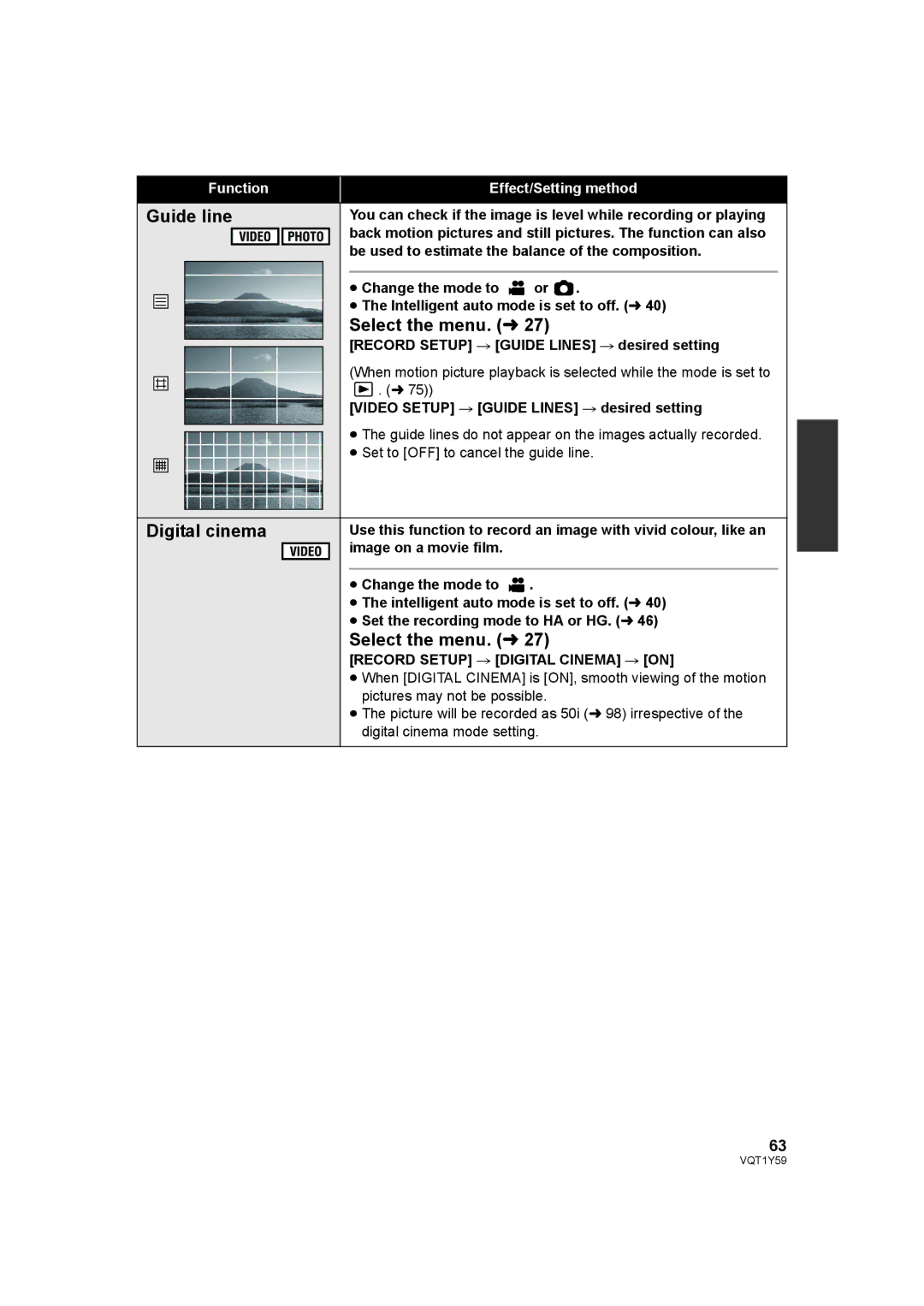 Panasonic HDC-HS200, HDC-TM200 operating instructions Guide line, Digital cinema, Record Setup # Digital Cinema # on 