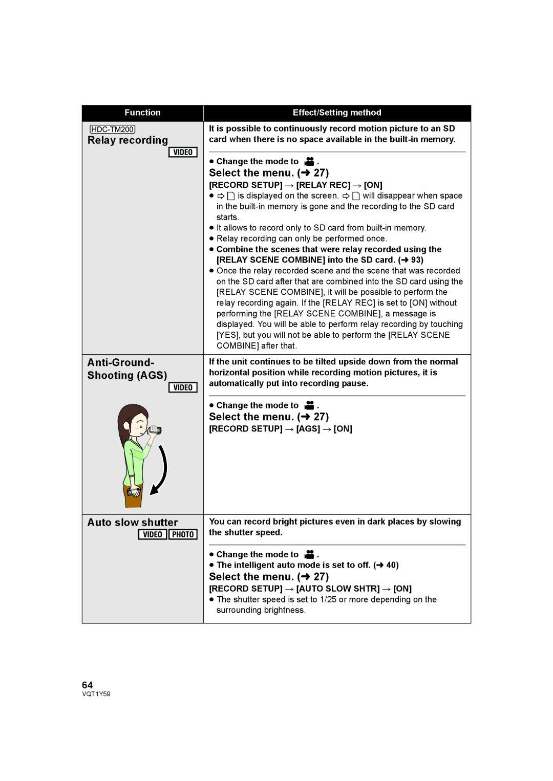 Panasonic HDC-TM200, HDC-HS200 operating instructions Relay recording, Anti-Ground, Shooting AGS, Auto slow shutter 