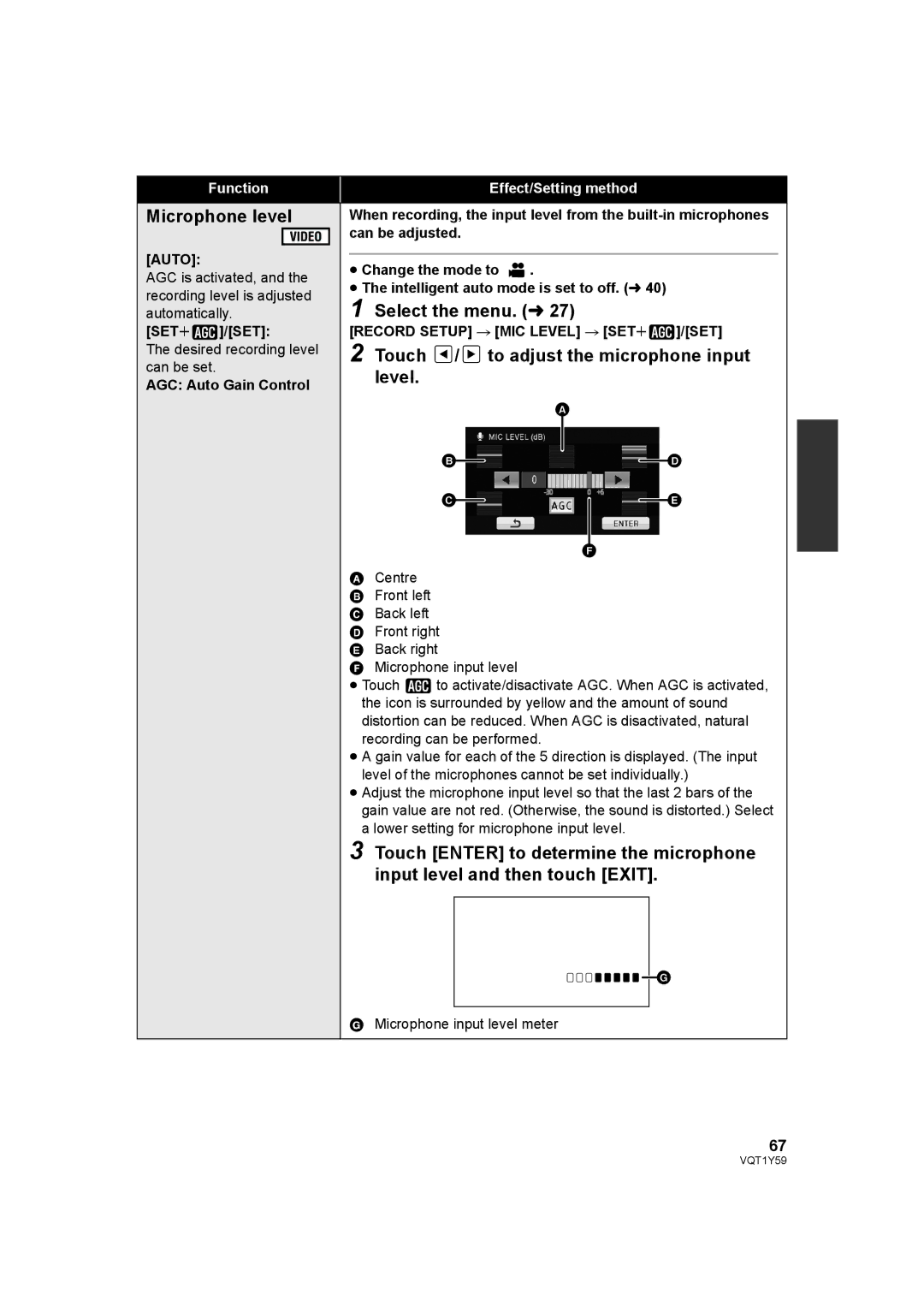 Panasonic HDC-HS200, HDC-TM200 Microphone level, Touch / to adjust the microphone input level, Auto, SETr /SET 