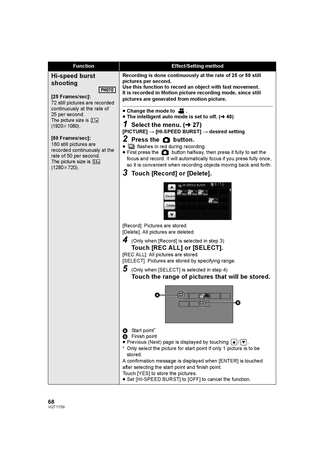 Panasonic HDC-TM200, HDC-HS200 Hi-speed burst shooting, Press the button, Touch Record or Delete, Touch REC ALL or Select 