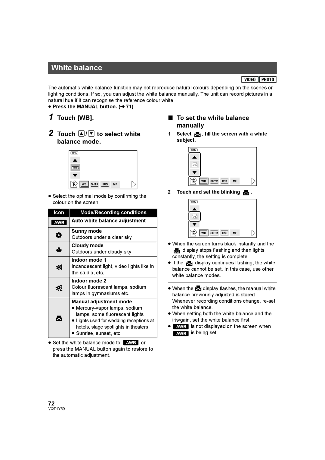 Panasonic HDC-TM200, HDC-HS200 operating instructions White balance 