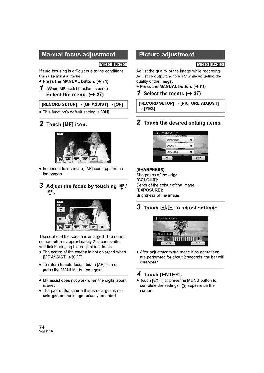 Panasonic HDC-TM200, HDC-HS200 Manual focus adjustment Picture adjustment, Touch MF icon, Adjust the focus by touching MF 