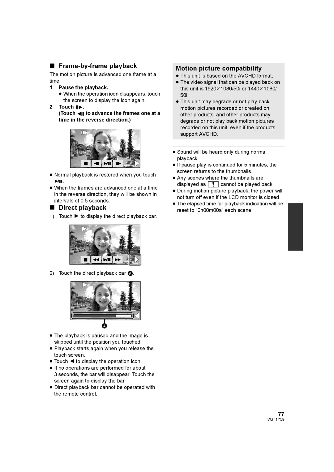 Panasonic HDC-HS200, HDC-TM200 operating instructions Frame-by-frame playback, Direct playback, Motion picture compatibility 