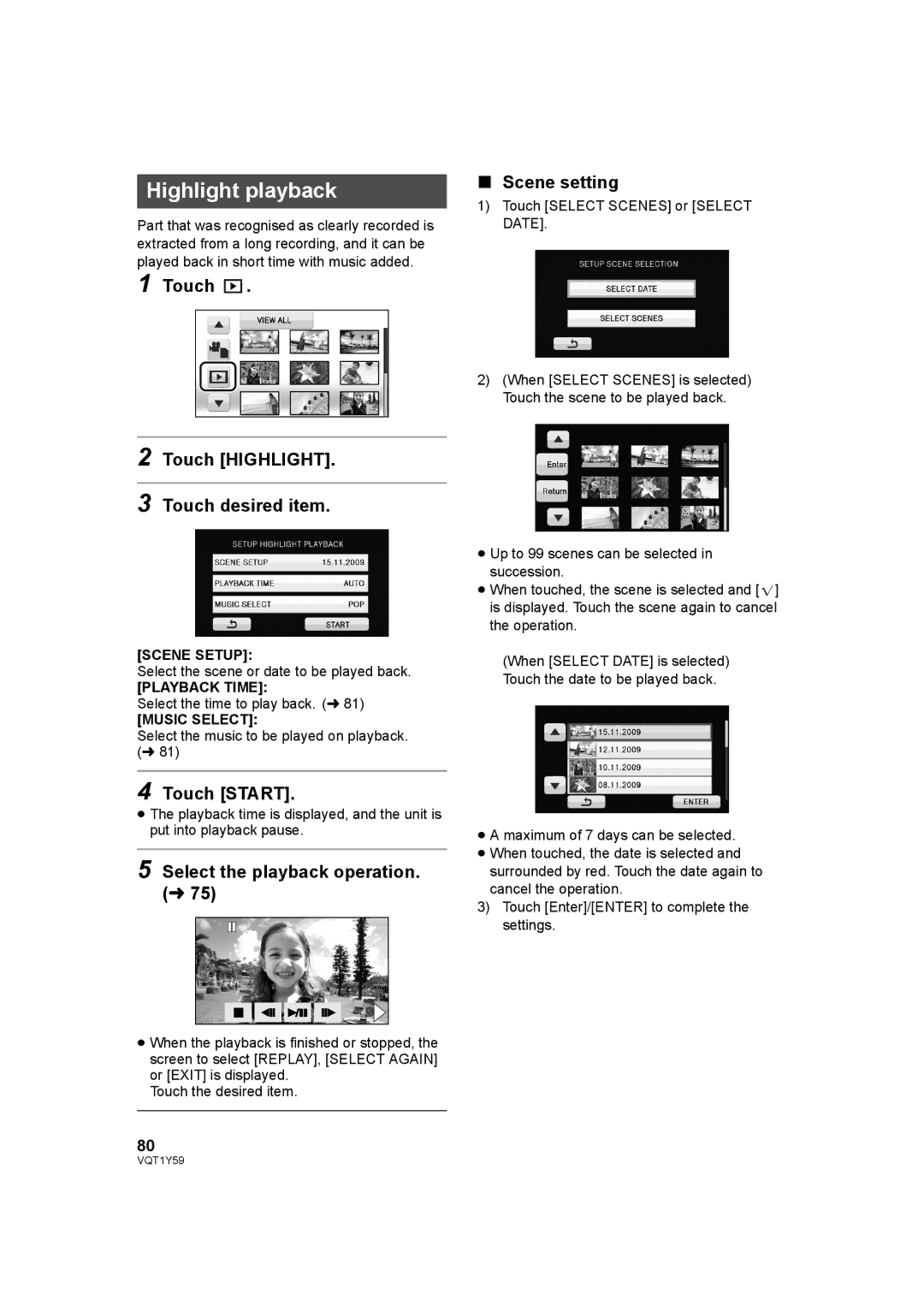 Panasonic HDC-TM200, HDC-HS200 Highlight playback, Touch Scene setting, Touch Highlight Touch desired item, Touch Start 