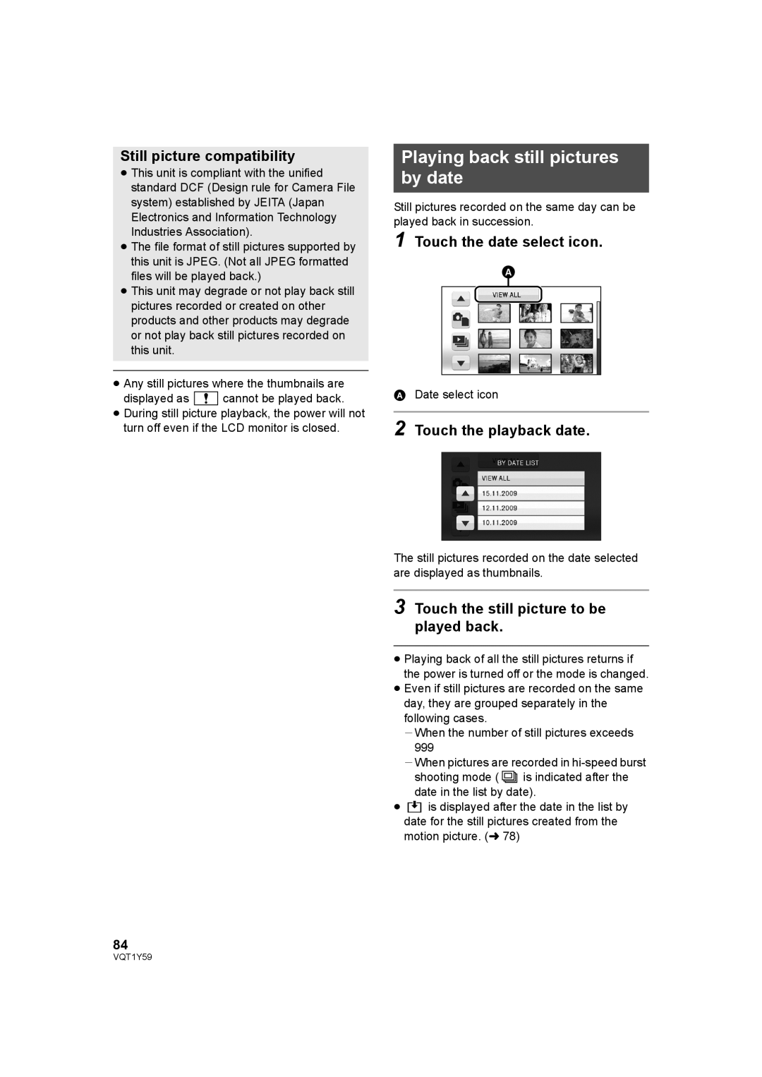 Panasonic HDC-TM200, HDC-HS200 operating instructions Playing back still pictures by date, Still picture compatibility 