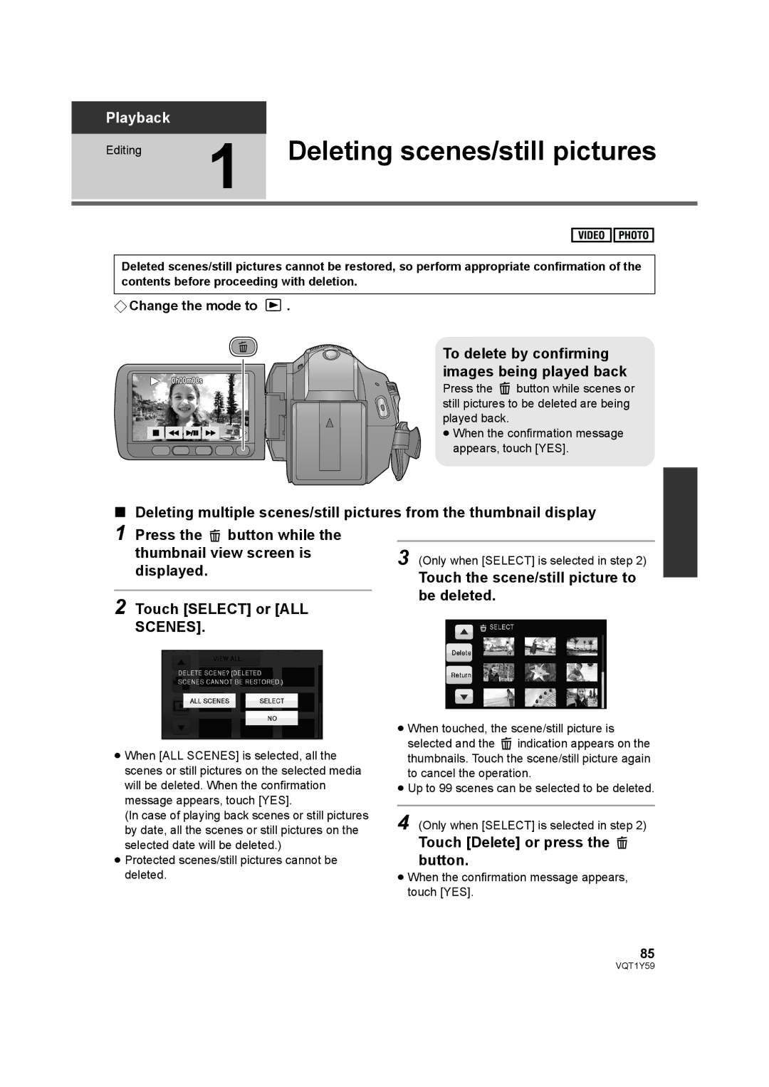 Panasonic HDC-HS200 To delete by confirming images being played back, Touch the scene/still picture to be deleted 