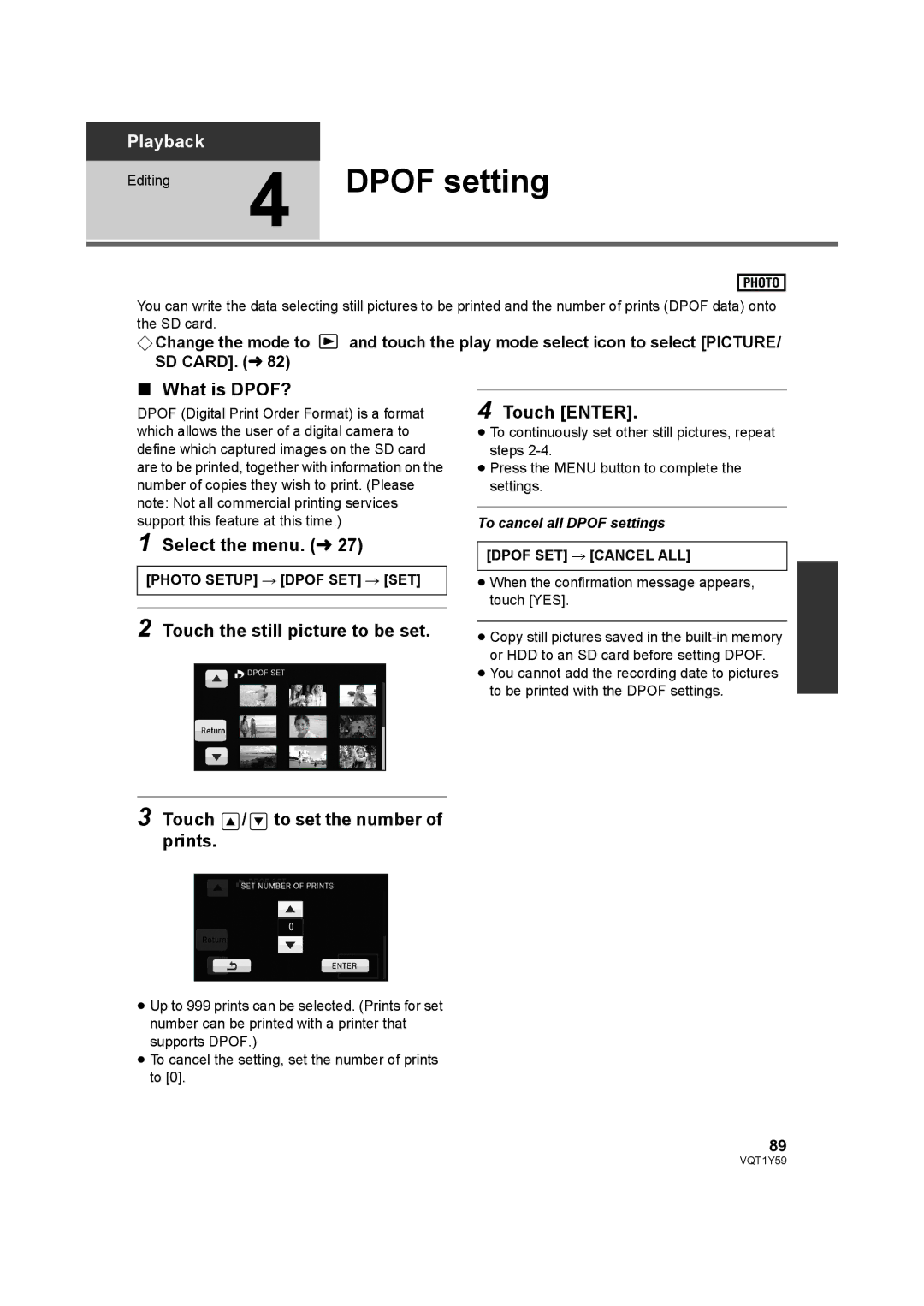 Panasonic HDC-HS200, HDC-TM200 Dpof setting, What is DPOF?, Photo Setup # Dpof SET # SET, Dpof SET # Cancel ALL 