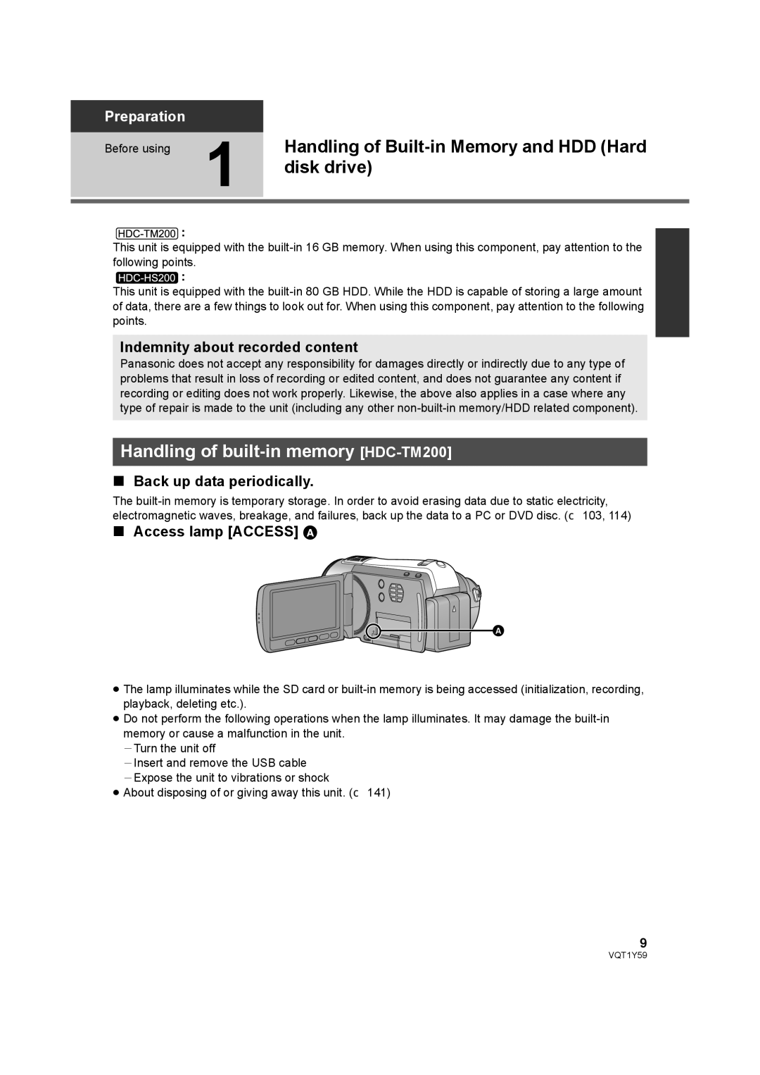 Panasonic HDC-HS200 Handling of built-in memory HDC-TM200, Indemnity about recorded content, Back up data periodically 