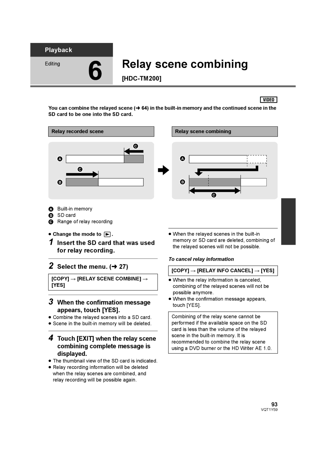 Panasonic HDC-HS200 Relay scene combining, HDC-TM200, Copy # Relay Scene Combine # YES, Copy # Relay Info Cancel # YES 