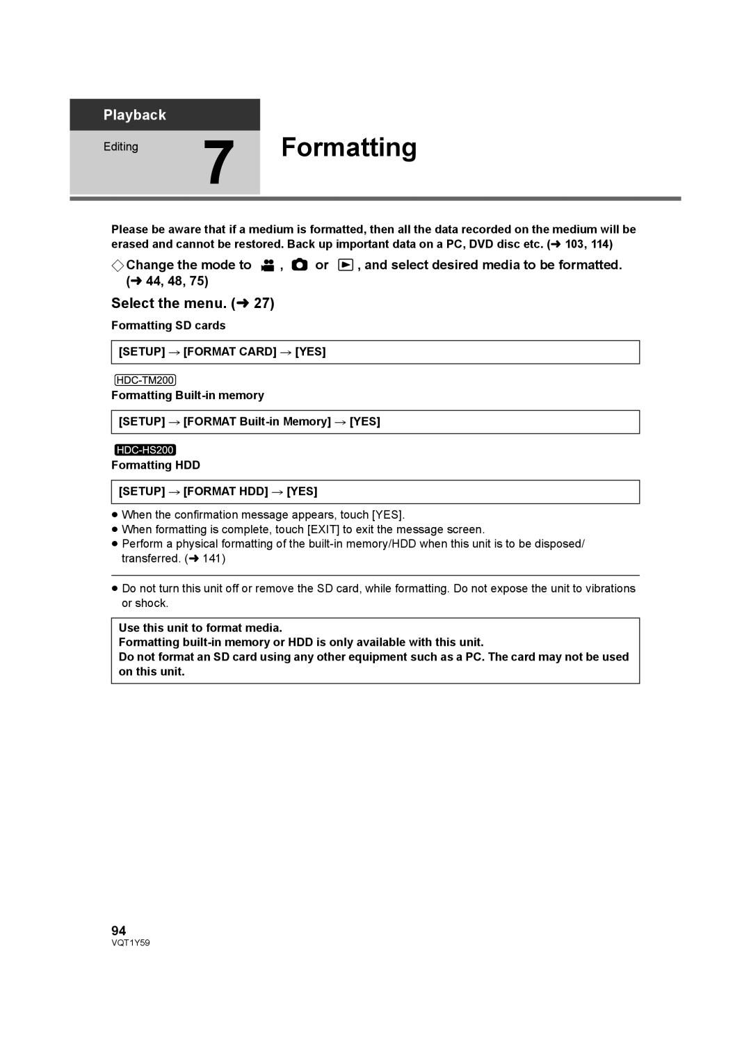 Panasonic HDC-TM200 Editing7 Formatting, Formatting SD cards, Setup # Format Card # YES, Setup # Format HDD # YES 