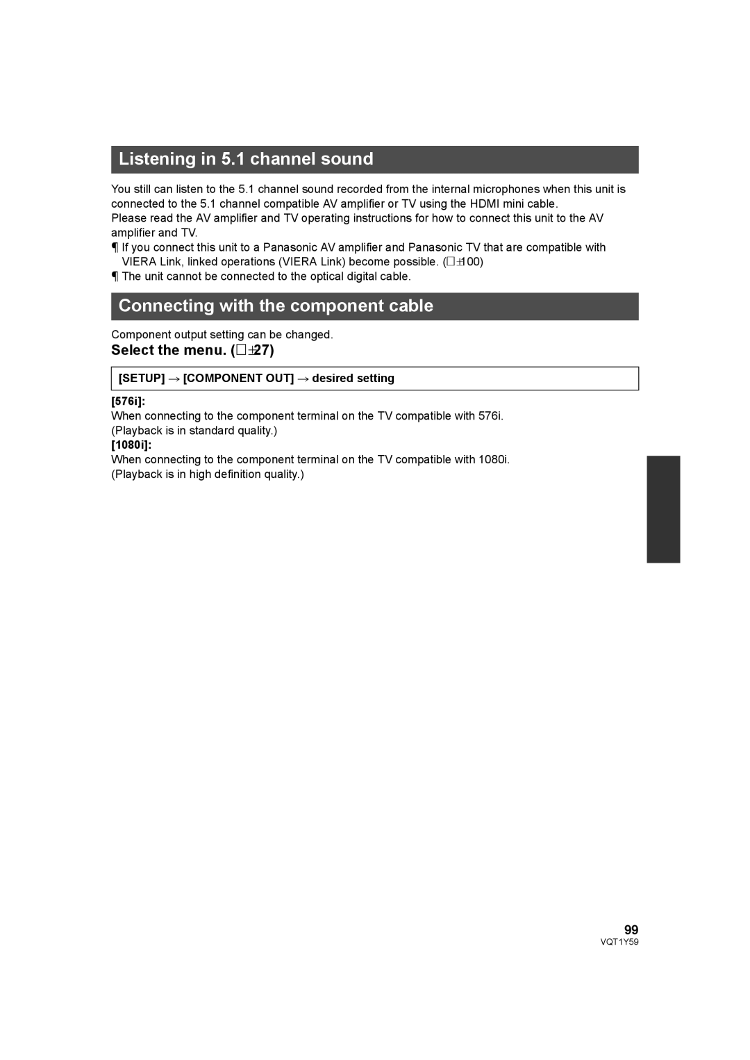 Panasonic HDC-HS200, HDC-TM200 operating instructions Listening in 5.1 channel sound, Connecting with the component cable 