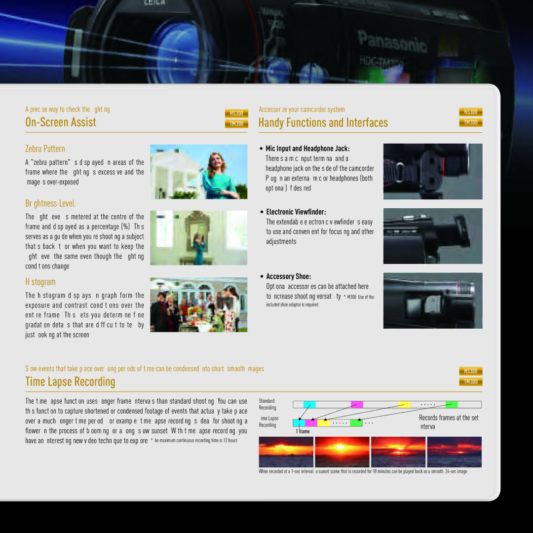 Panasonic HDC-HS300, HDC-TM300 manual On-Screen Assist, Handy Functions and Interfaces, Time Lapse Recording 