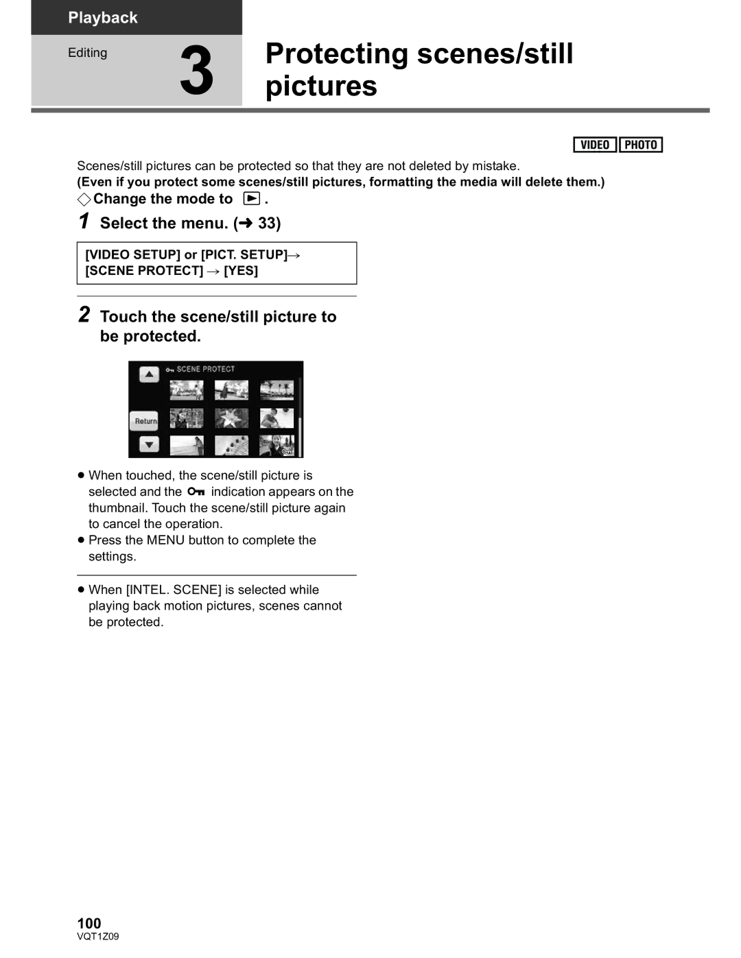 Panasonic HDC-TM300P/PC, HDC-HS300P/PC operating instructions Pictures, Touch the scene/still picture to be protected, 100 