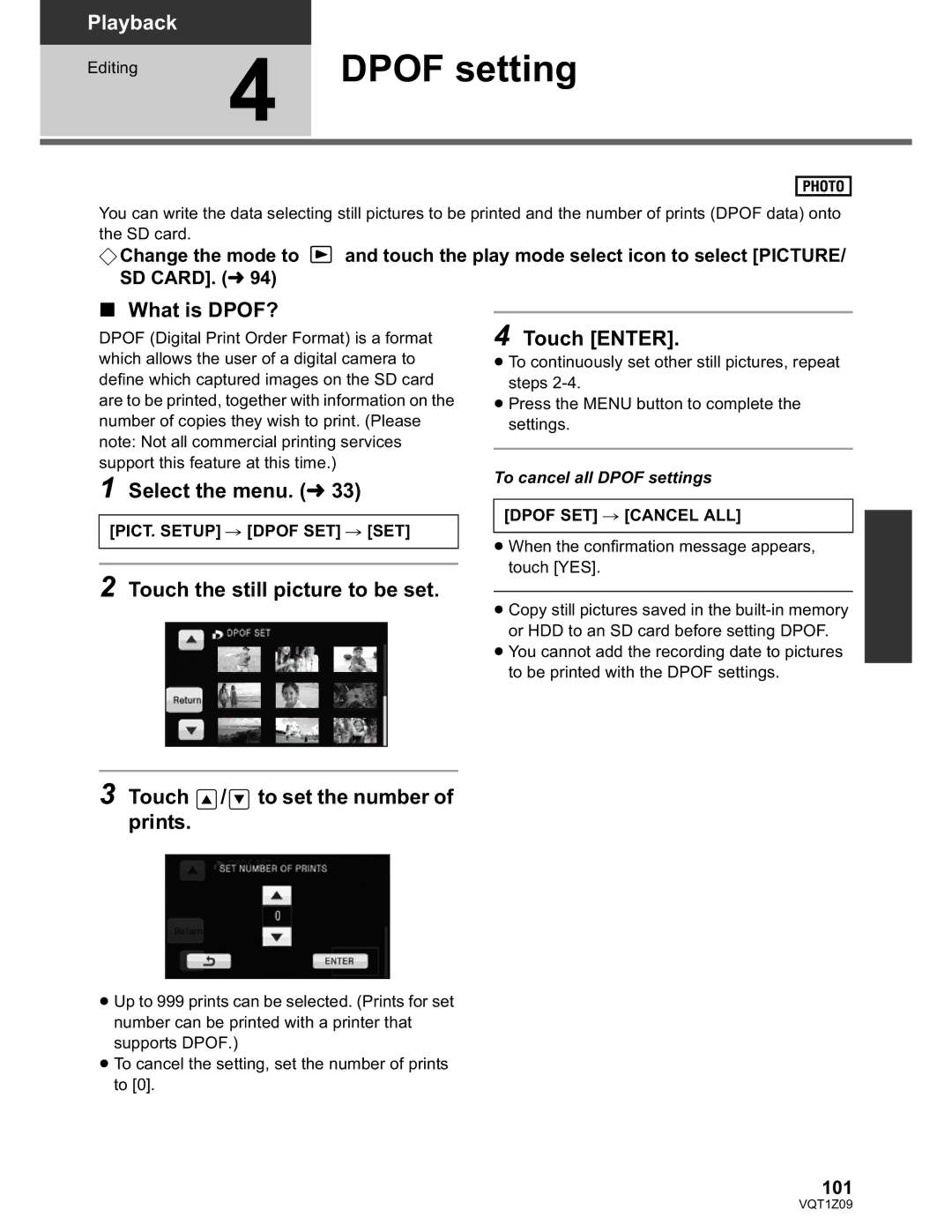 Panasonic HDC-HS300P/PC, HDC-TM300P/PC Dpof setting, What is DPOF?, Touch the still picture to be set Touch Enter, 101 