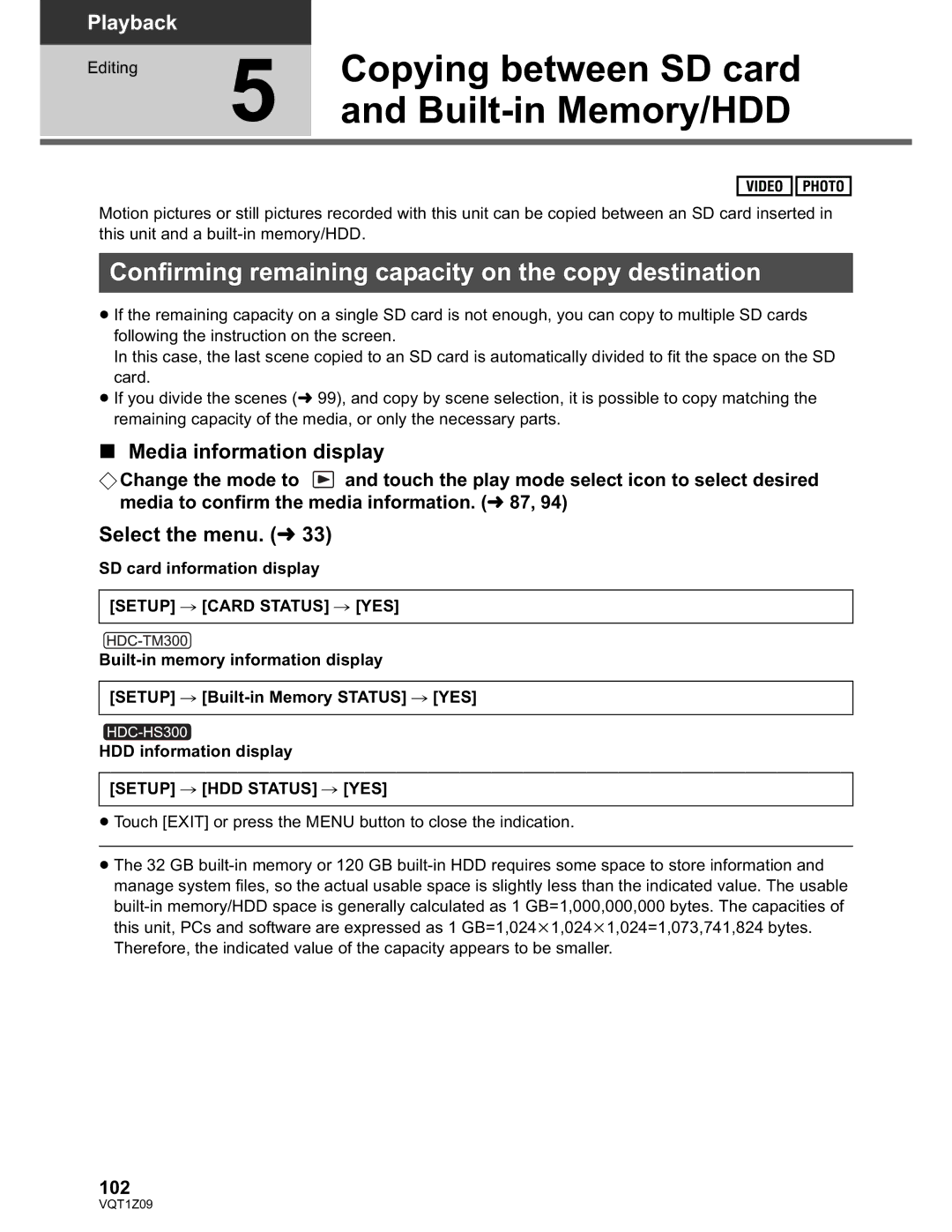 Panasonic HDC-TM300P/PC, HDC-HS300P/PC Copying between SD card, Built-in Memory/HDD, Media information display, 102 
