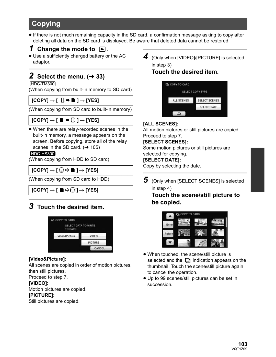 Panasonic HDC-HS300P/PC, HDC-TM300P/PC operating instructions Copying, Touch the scene/still picture to be copied, 103 