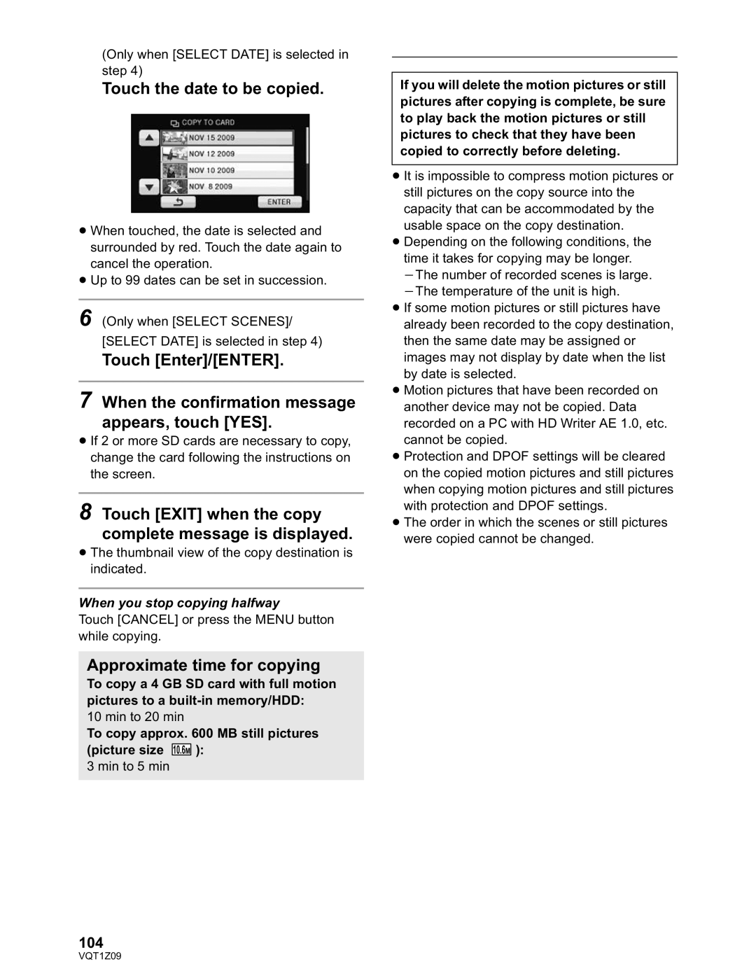 Panasonic HDC-TM300P/PC, HDC-HS300P/PC operating instructions Touch the date to be copied, Approximate time for copying, 104 