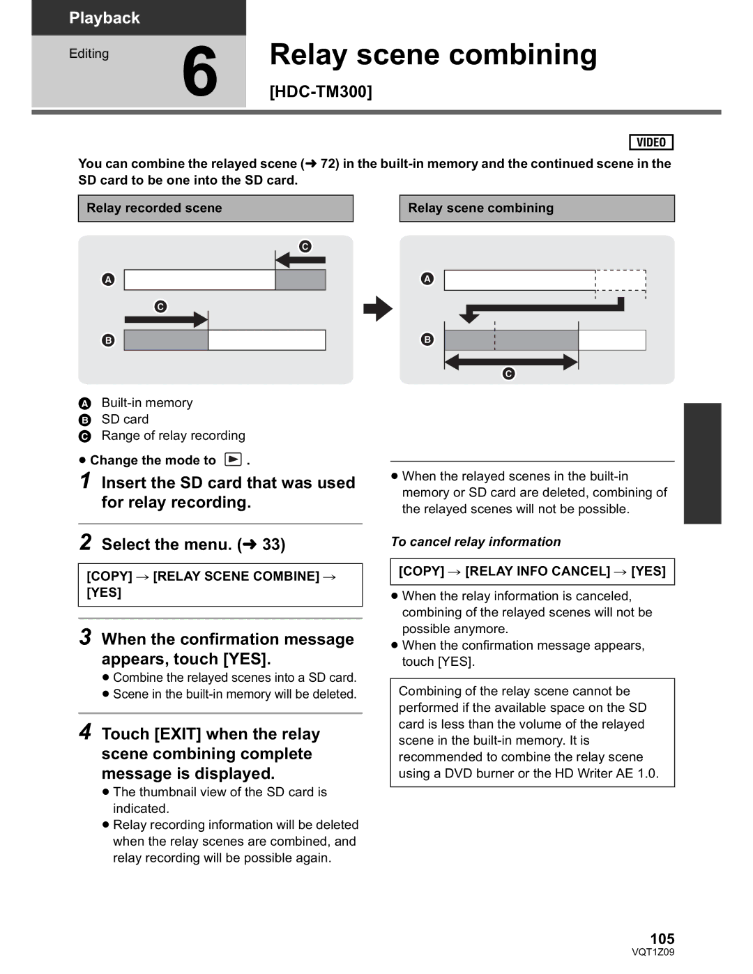 Panasonic HDC-HS300P/PC Relay scene combining, HDC-TM300, 105, Copy Relay Scene Combine YES, Copy Relay Info Cancel YES 