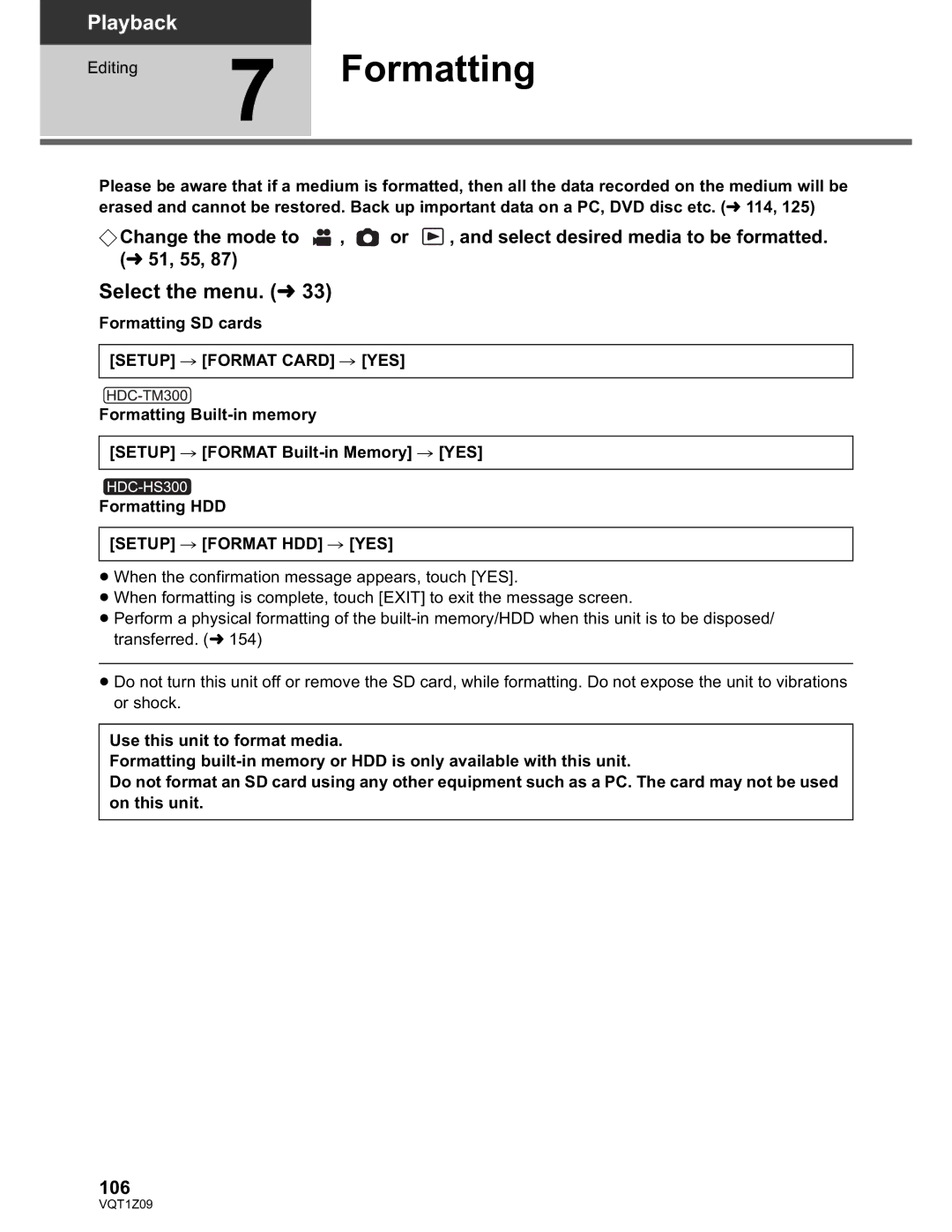 Panasonic HDC-TM300P/PC Editing7 Formatting, 106, Formatting SD cards, Setup Format Card YES, Setup Format HDD YES 