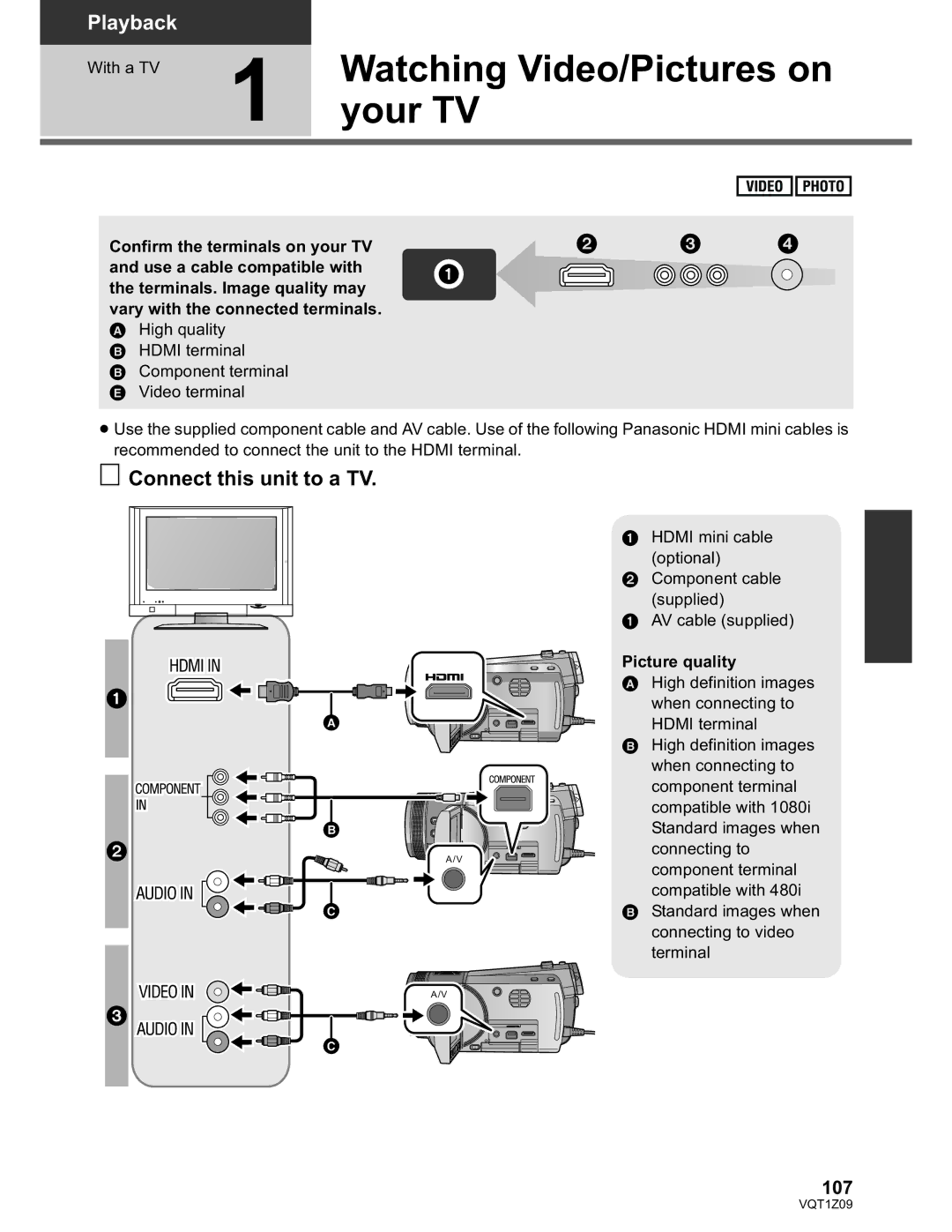 Panasonic HDC-HS300P/PC, HDC-TM300P/PC operating instructions Your TV, Connect this unit to a TV, 107, Picture quality 