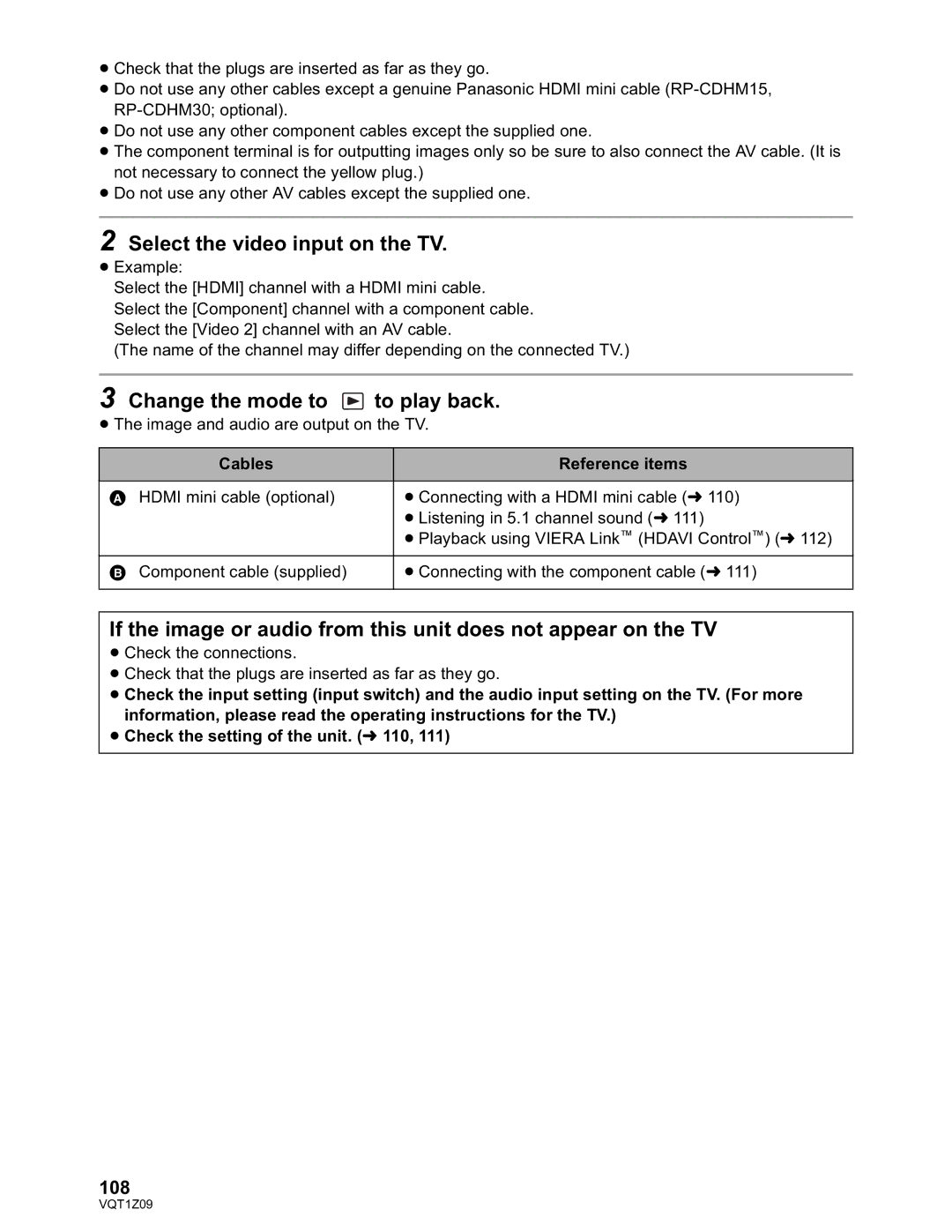 Panasonic HDC-TM300P/PC Select the video input on the TV, Change the mode to to play back, 108, Cables Reference items 