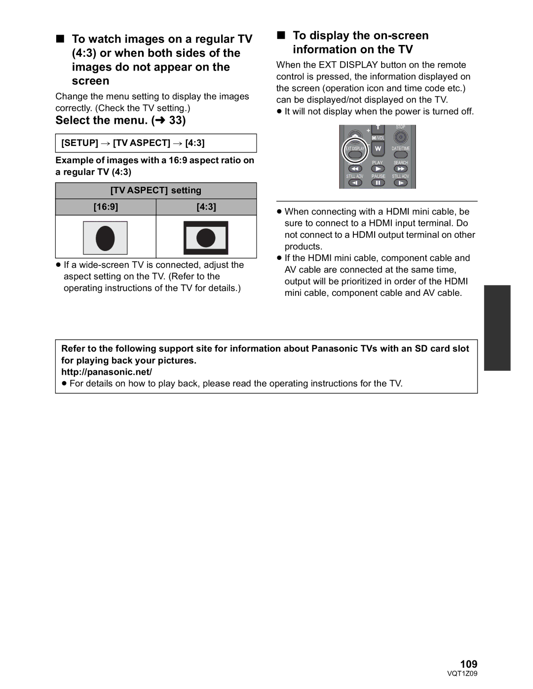 Panasonic HDC-HS300P/PC, HDC-TM300P/PC operating instructions To display the on-screen information on the TV, 109 