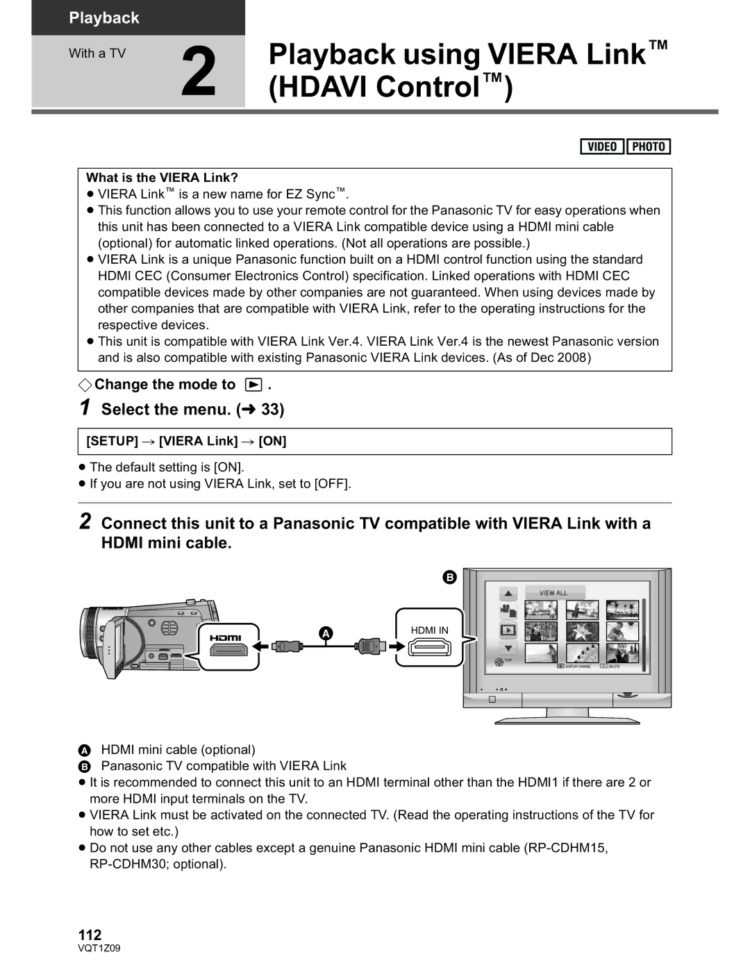 Panasonic HDC-TM300P/PC, HDC-HS300P/PC operating instructions Playback using Viera Link, Hdavi Control, 112 