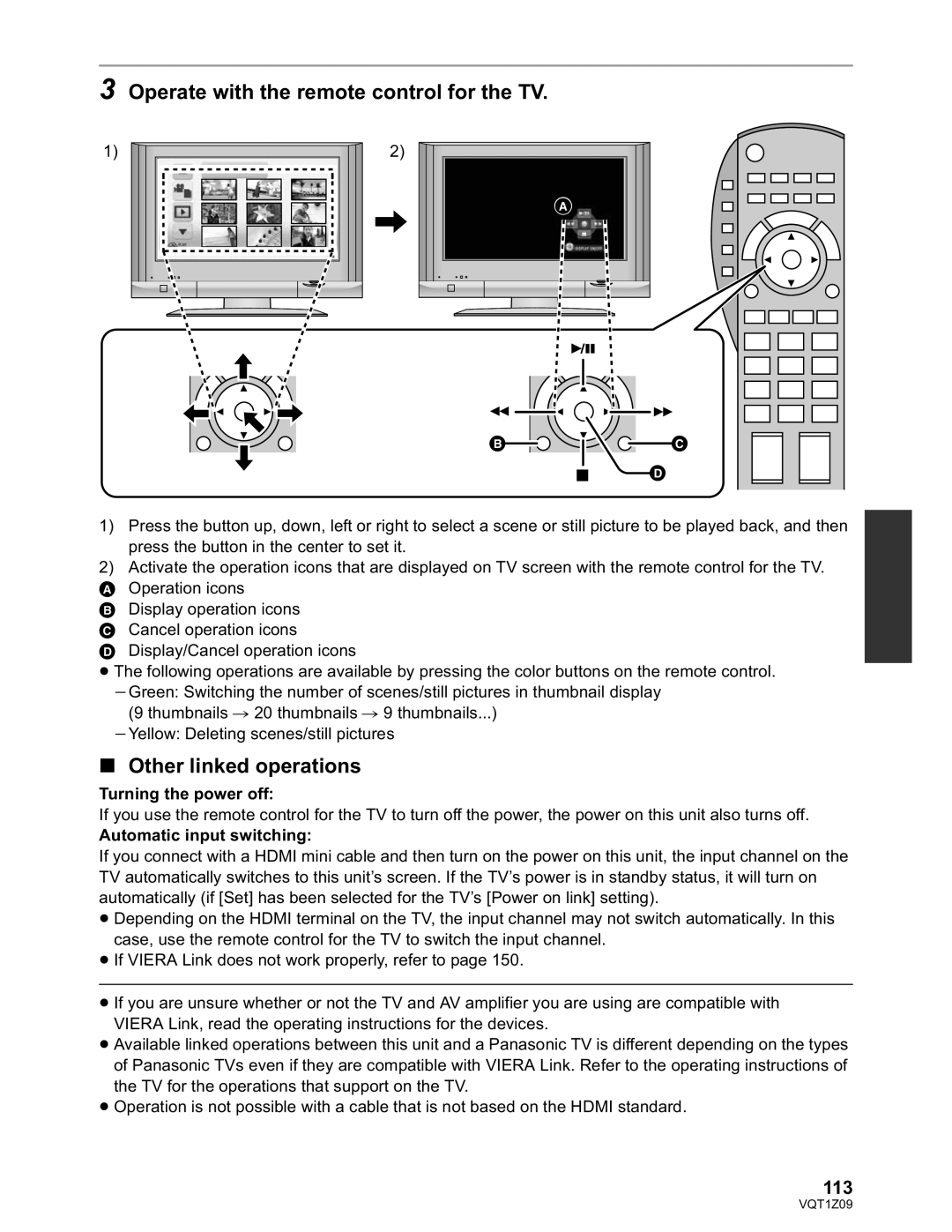 Panasonic HDC-HS300P/PC Operate with the remote control for the TV, Other linked operations, 113, Turning the power off 