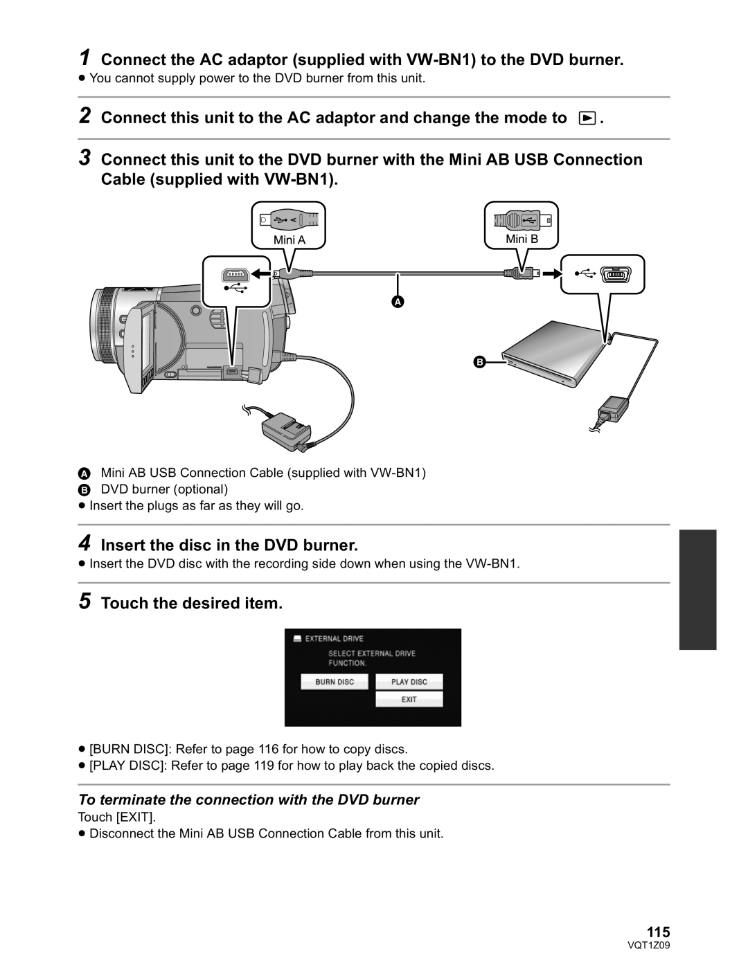 Panasonic HDC-HS300P/PC, HDC-TM300P/PC operating instructions Insert the disc in the DVD burner, 115 